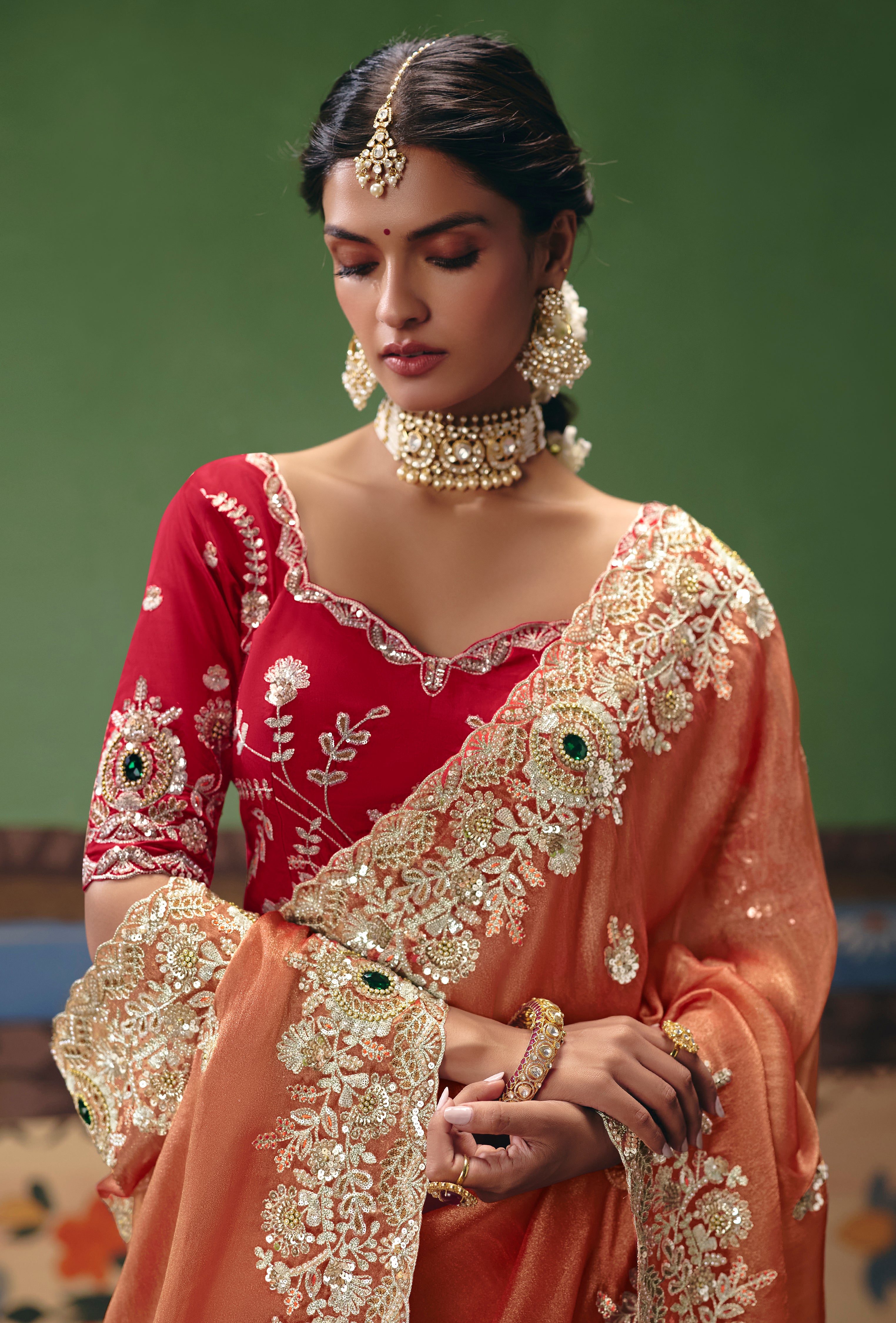 Peach Saree With  Heavy Designer Embroidery, Sequince, Stone, Pearl With Beads Work