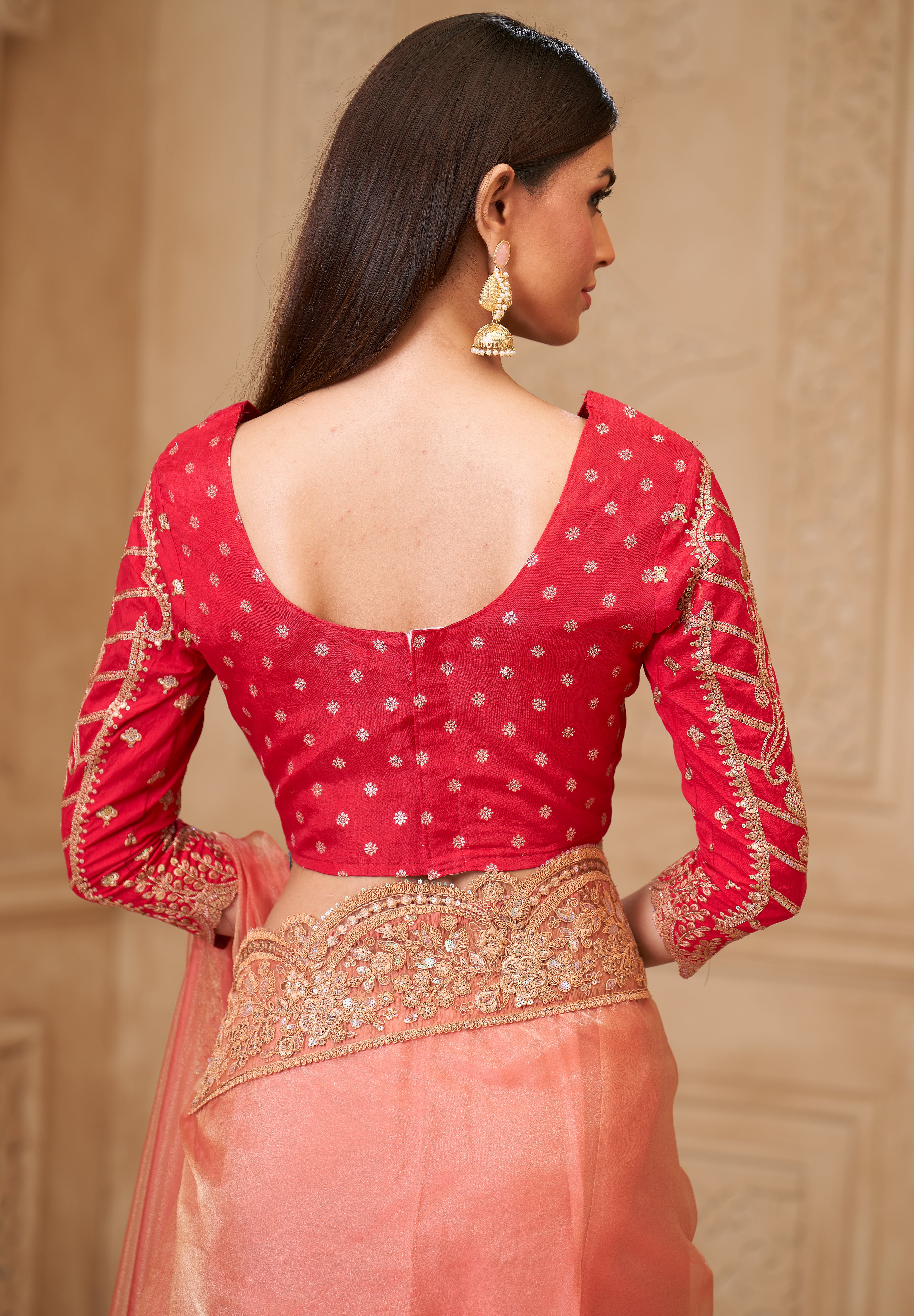Peach Saree With  Heavy Thread Embroidery Sequins Border Work With Embroidery Blouse