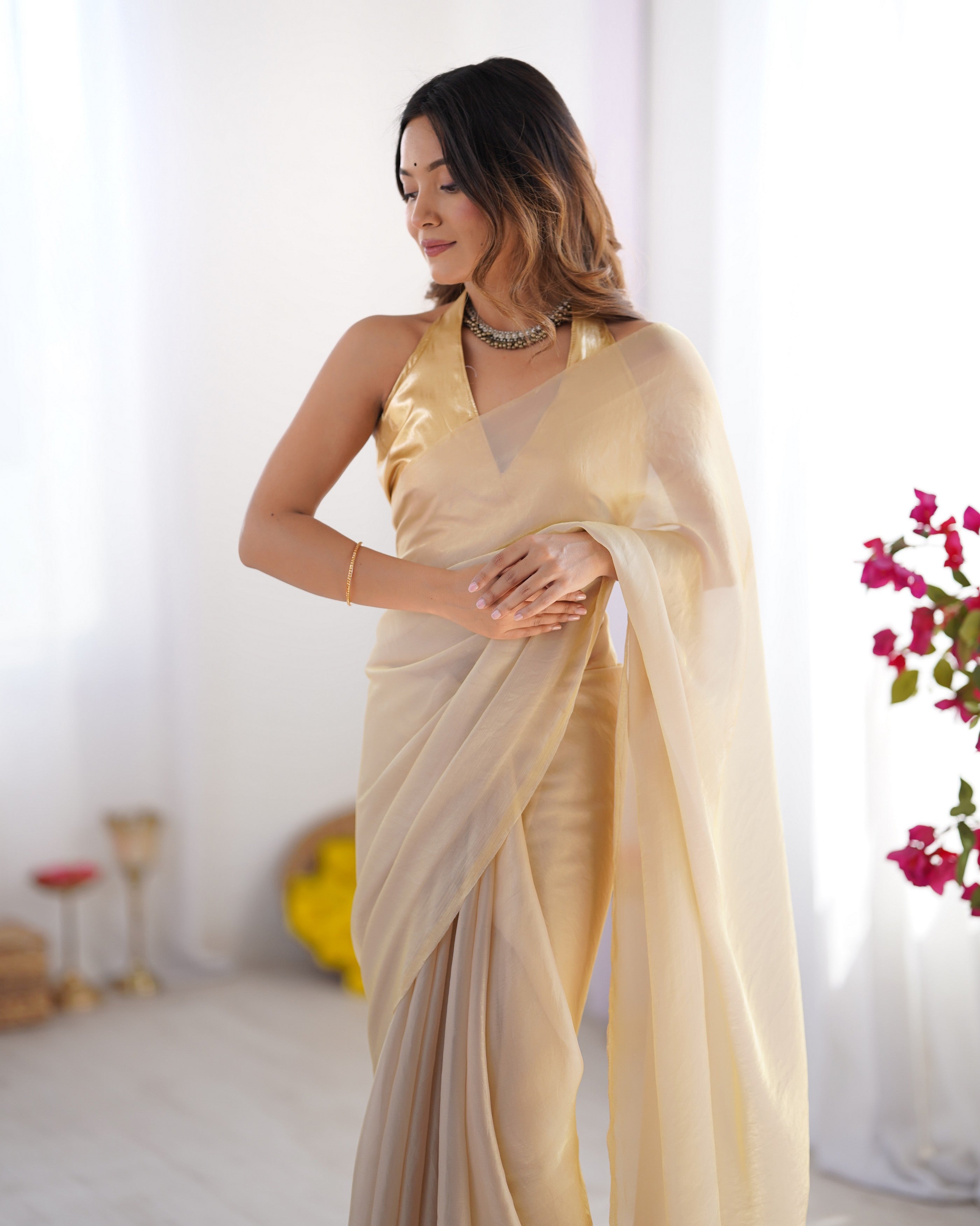 Peach Satin Gold Organza Solid Designer With Lace Border Bollywood Style Saree