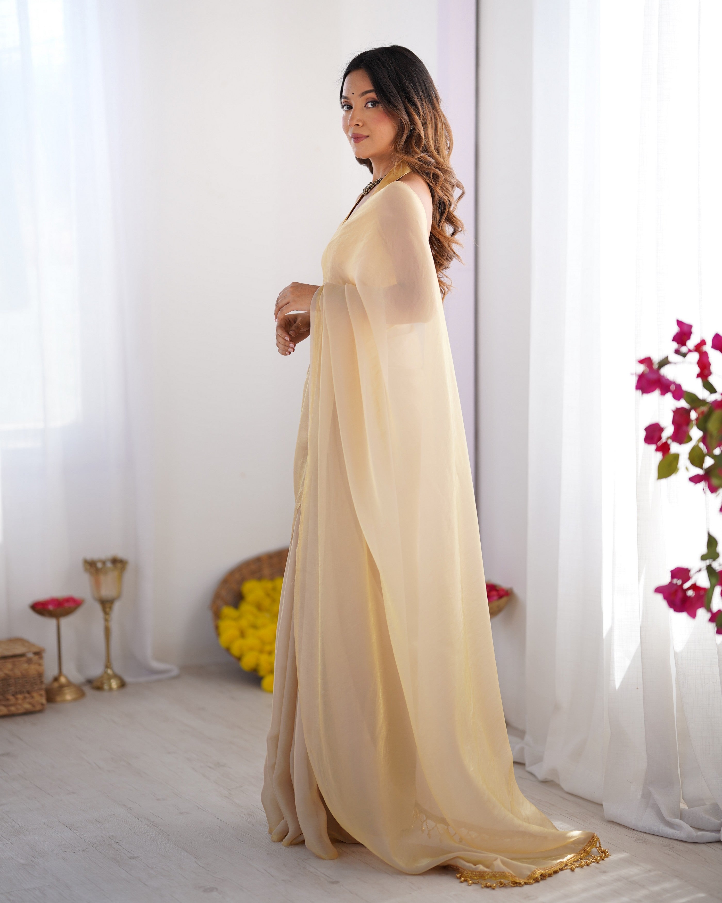 Peach Satin Gold Organza Solid Designer With Lace Border Bollywood Style Saree