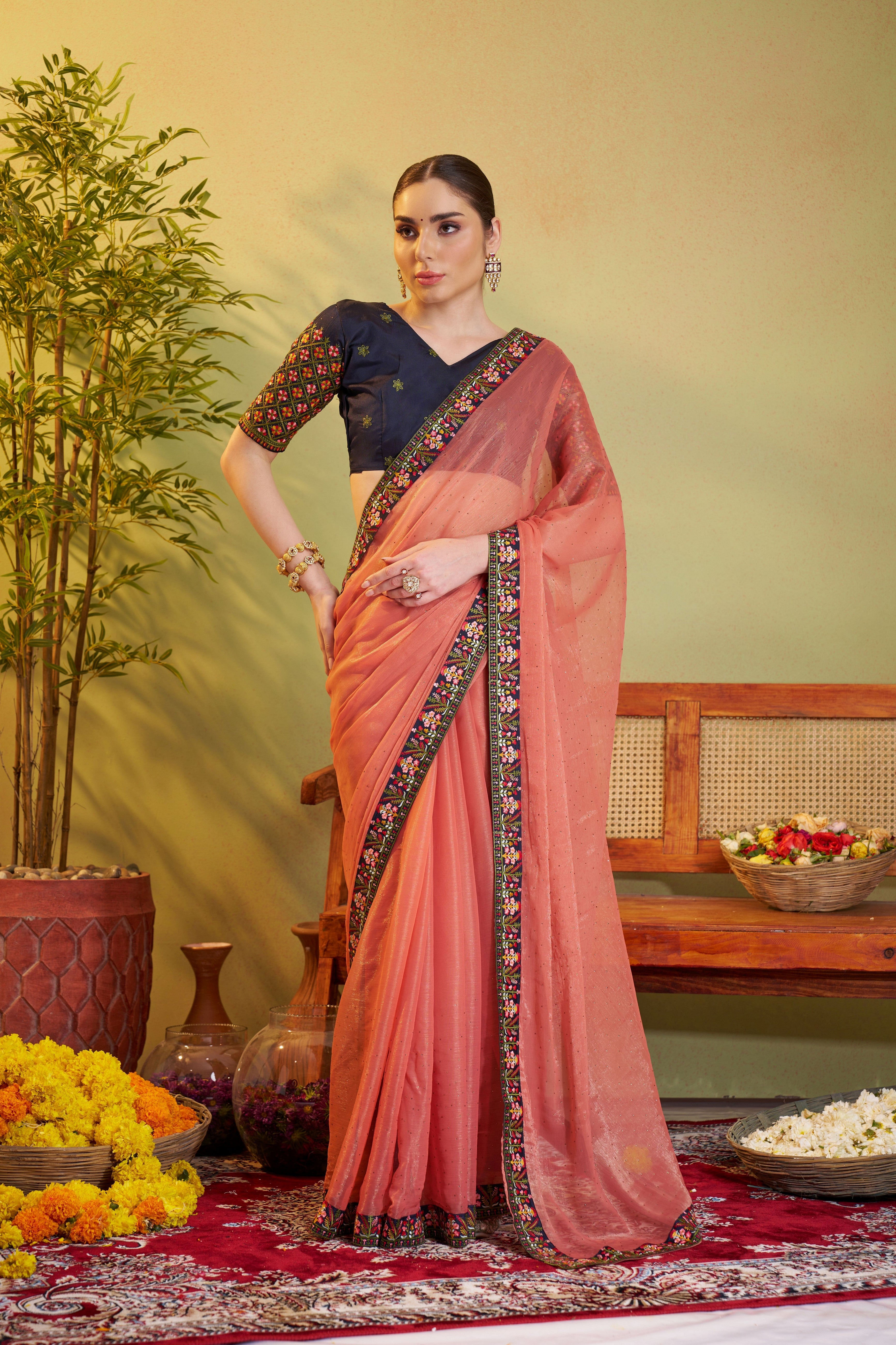 Peach Shimmer Chiffon Designer Embroidery Work Partywear Saree