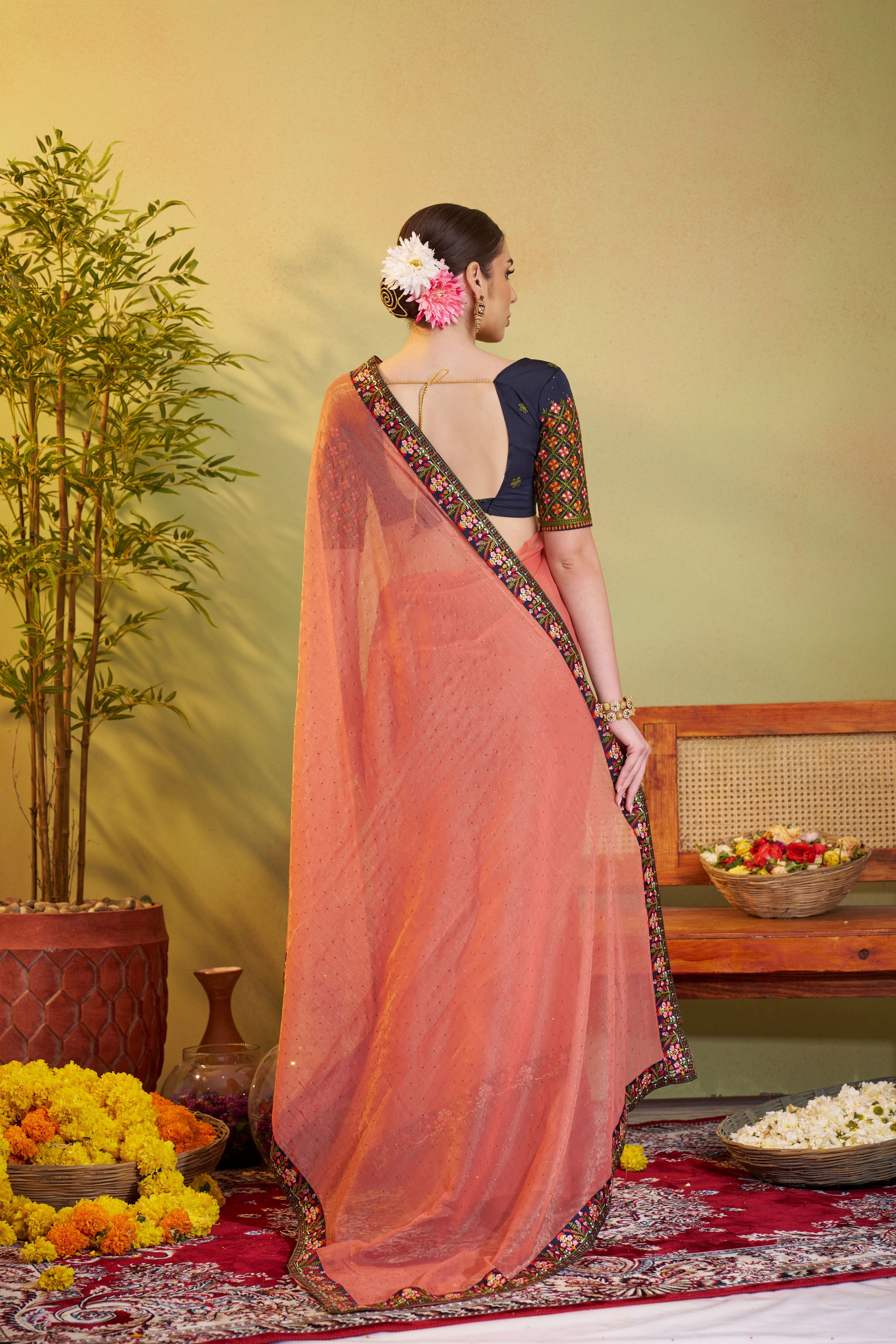 Peach Shimmer Chiffon Designer Embroidery Work Partywear Saree