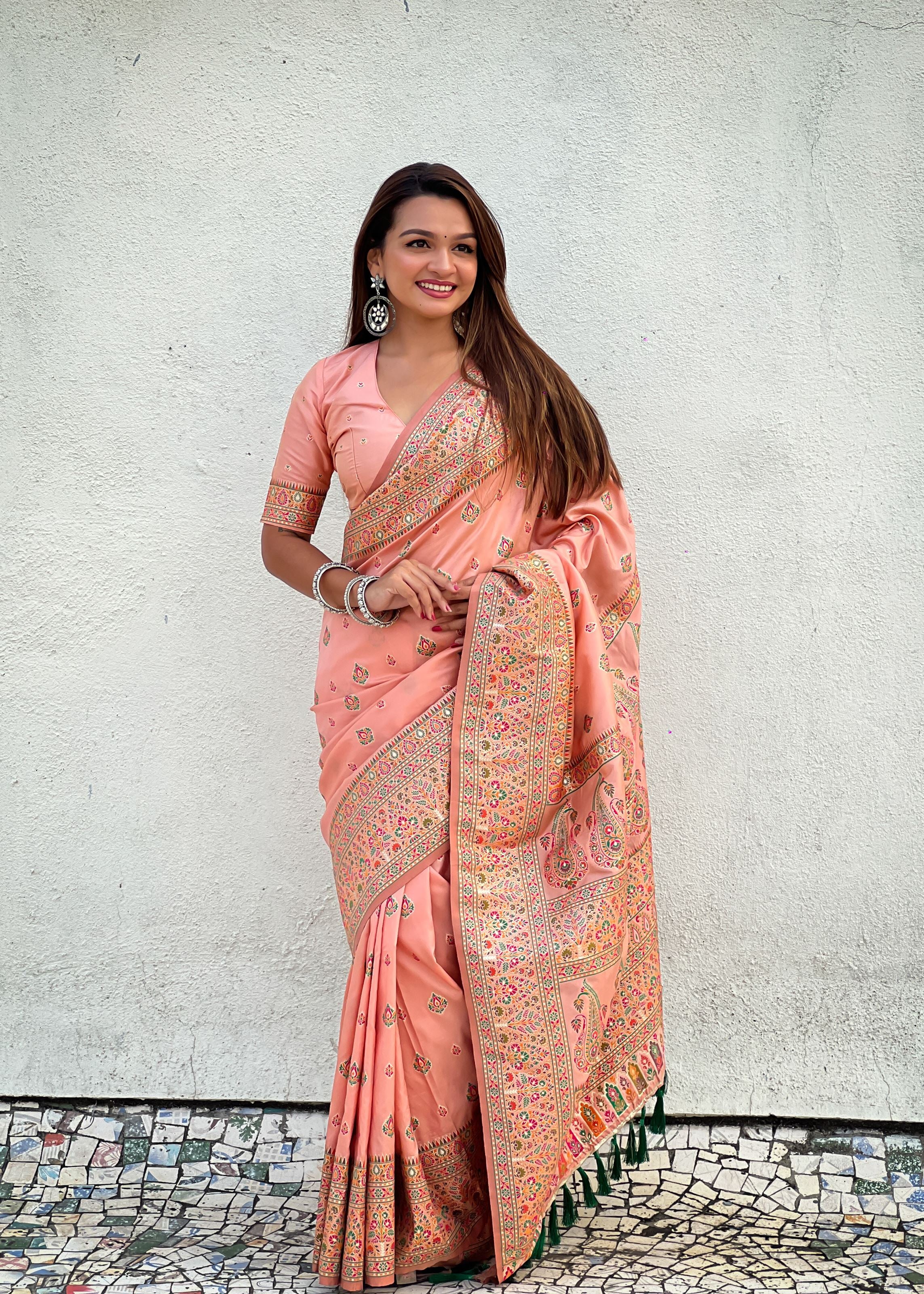 Peach Silk Blend Saree With Meenakari Kashmiri woven Work