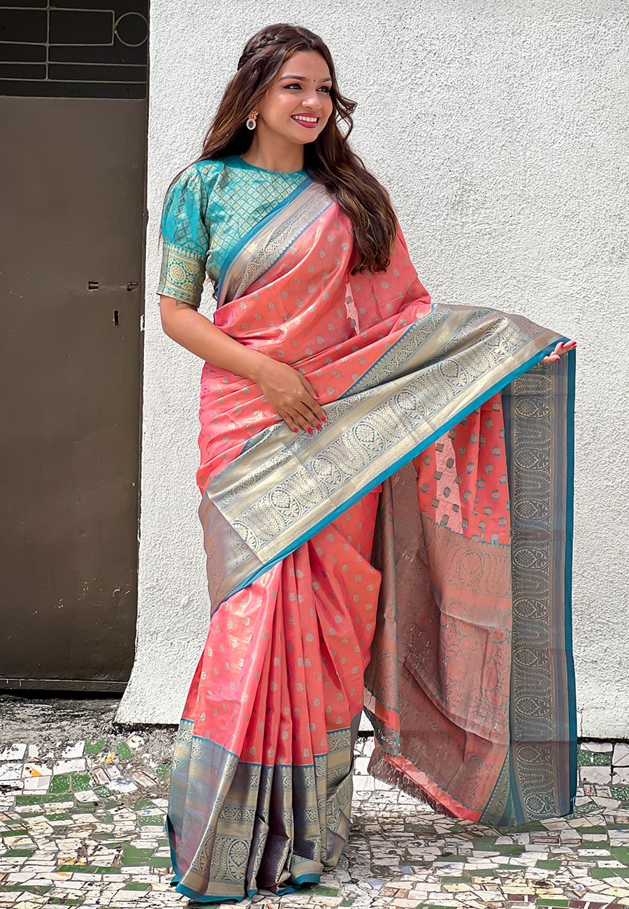 Peach Silk Blend  South Indian Kanchipuram Saree