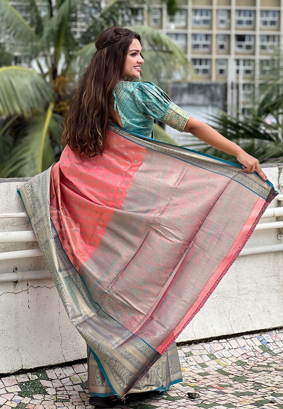 Peach Silk Blend  South Indian Kanchipuram Saree