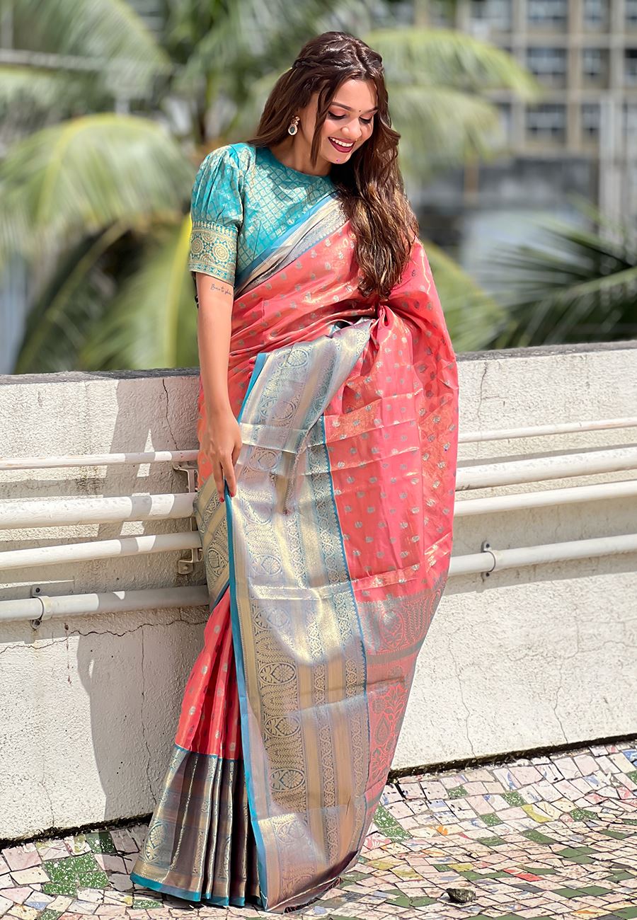 Peach Silk Blend  South Indian Kanchipuram Saree