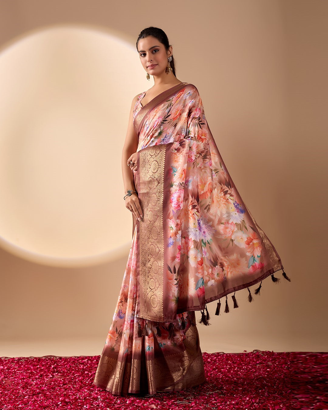 Peach Soft Lichi Silk Saree With Digital Printed Elegant Premium Saree
