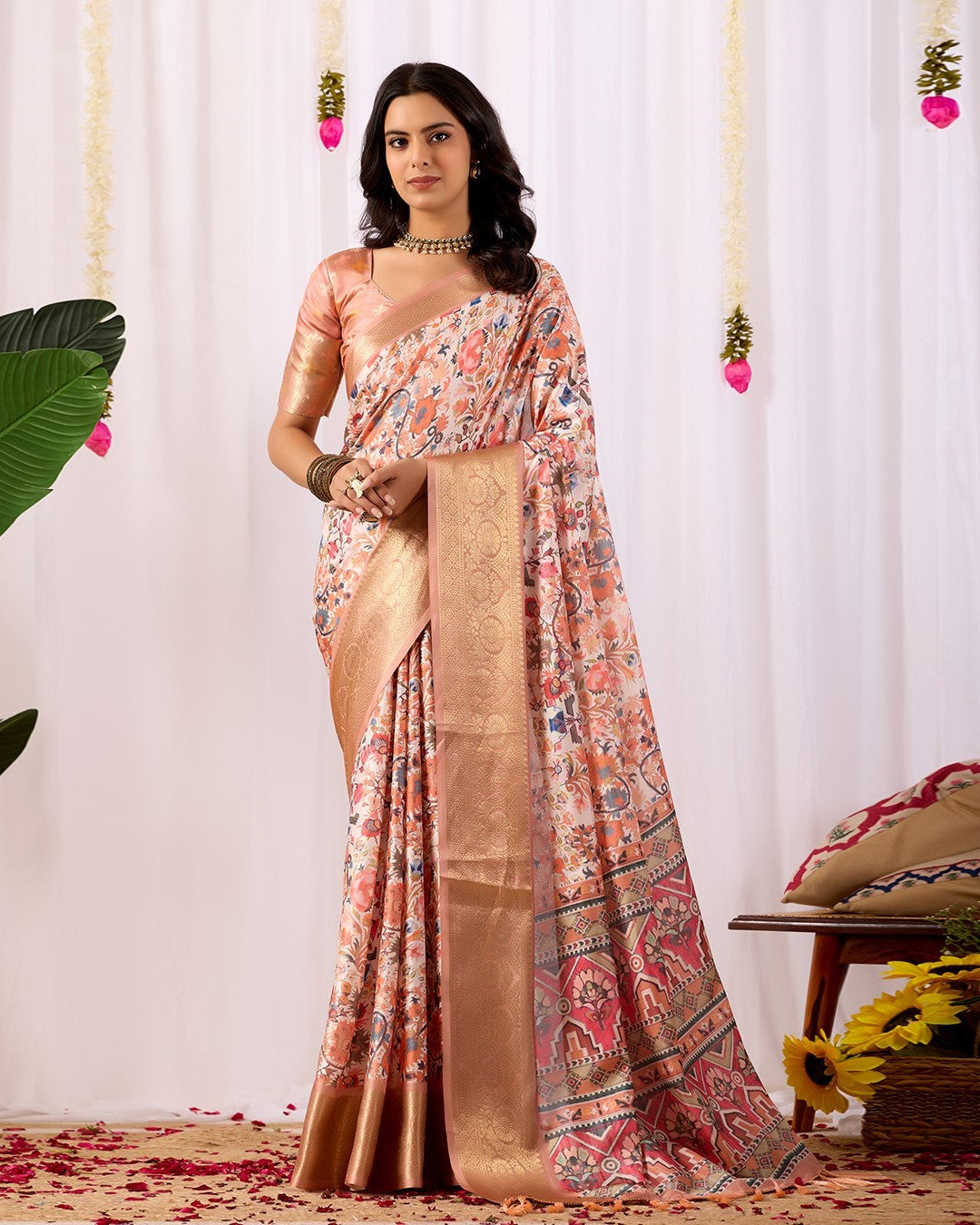 Peach Soft Lichi Silk Saree With Digital Printed Elegant Traditional Saree