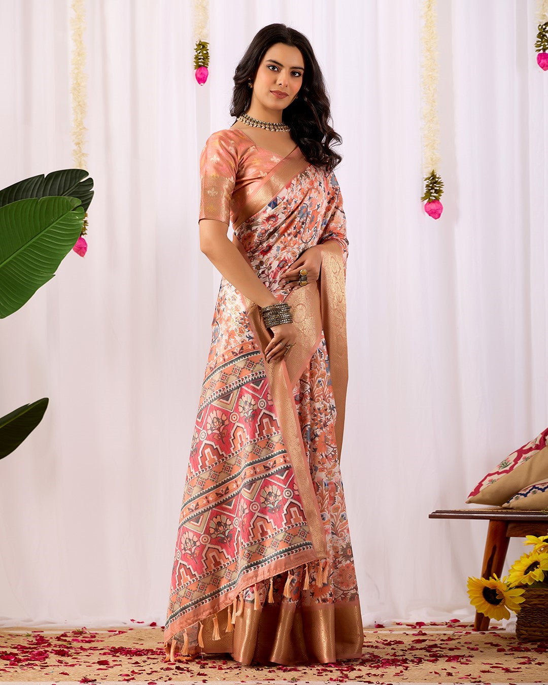 Peach Soft Lichi Silk Saree With Digital Printed Elegant Traditional Saree