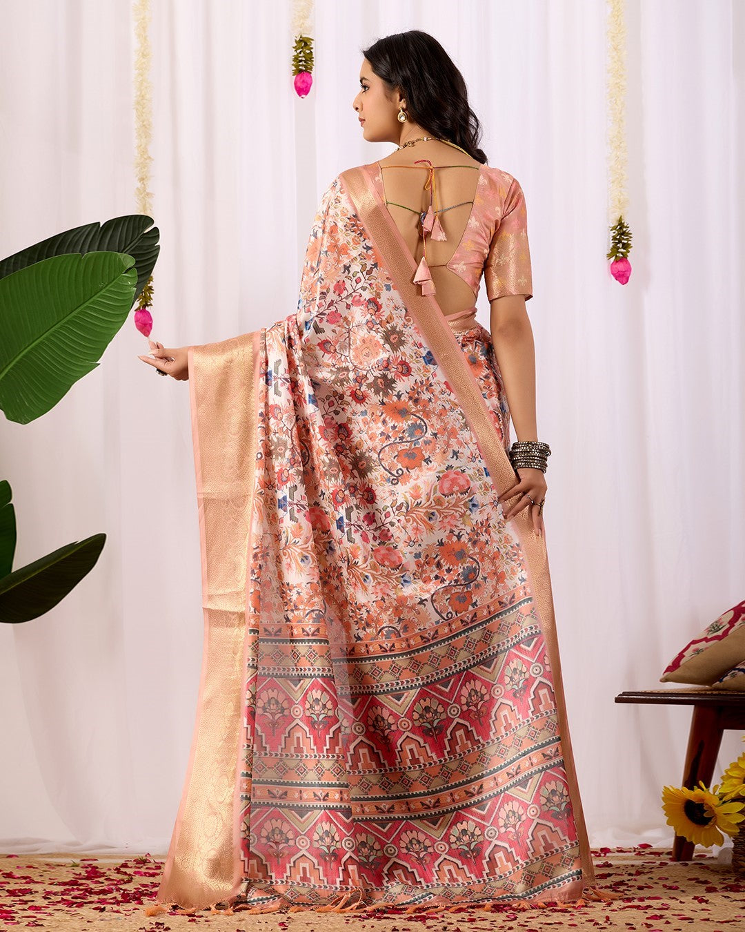 Peach Soft Lichi Silk Saree With Digital Printed Elegant Traditional Saree