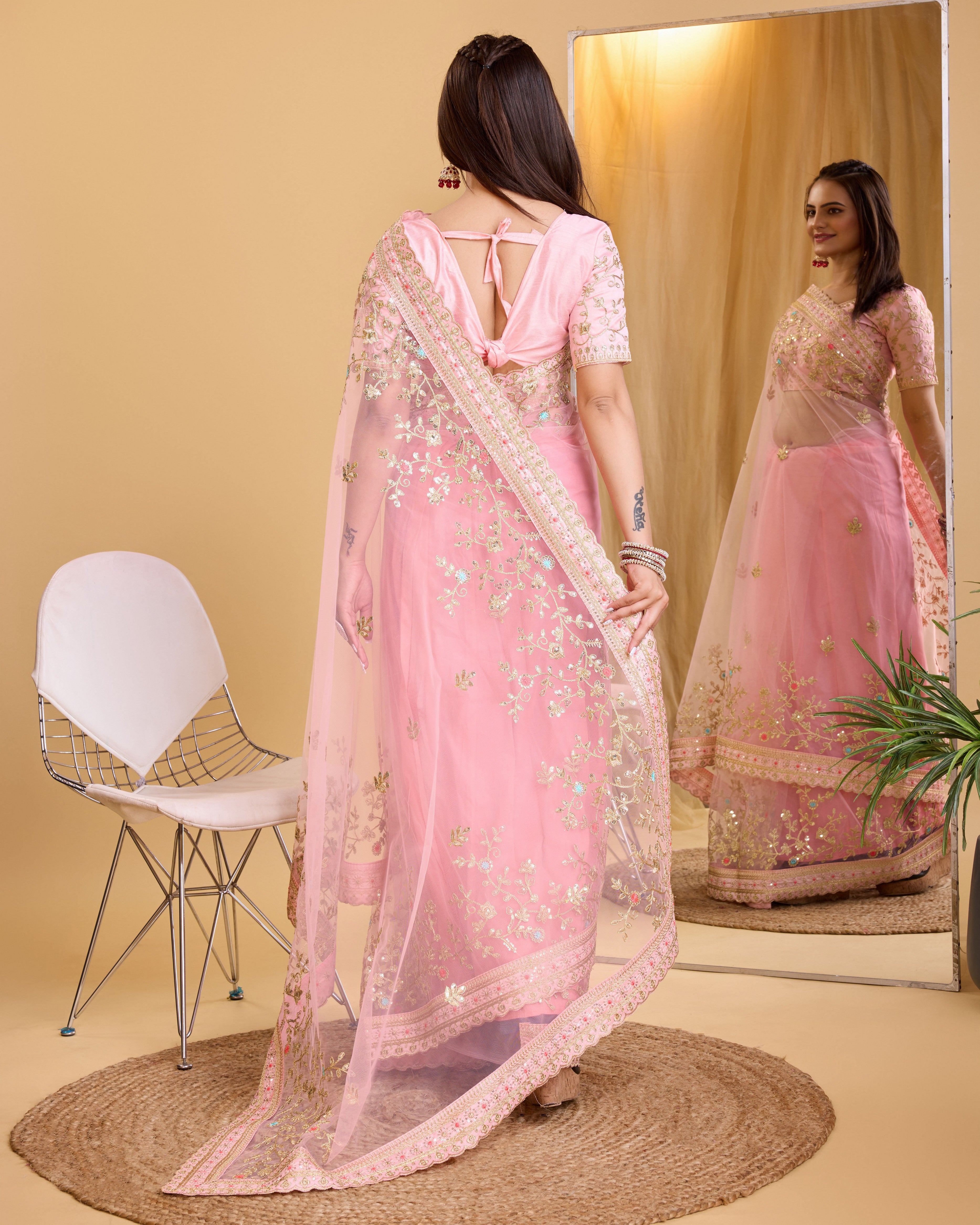 Peach Soft Net Designer Embroidery Work Bollywood Style Saree