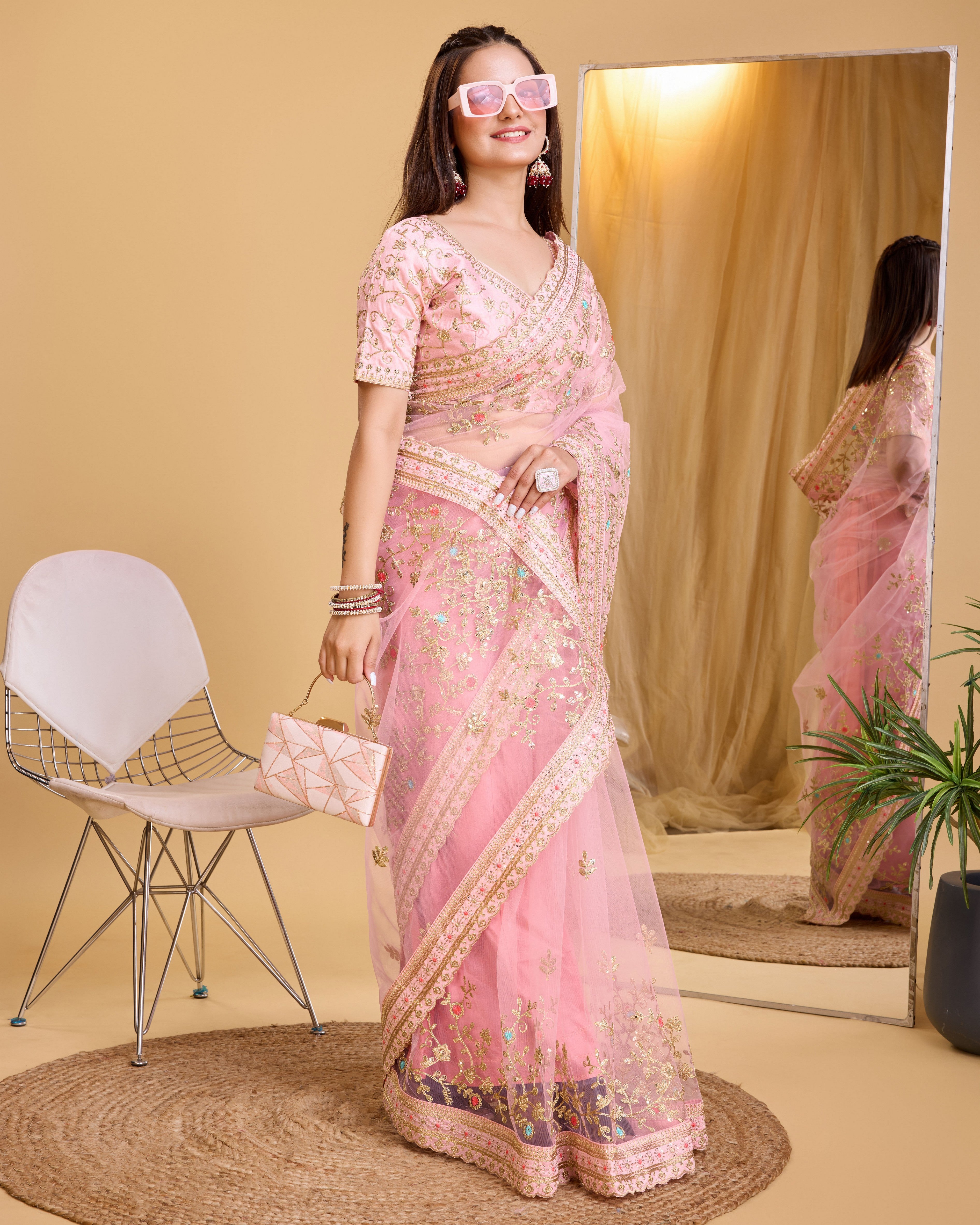 Peach Soft Net Designer Embroidery Work Bollywood Style Saree