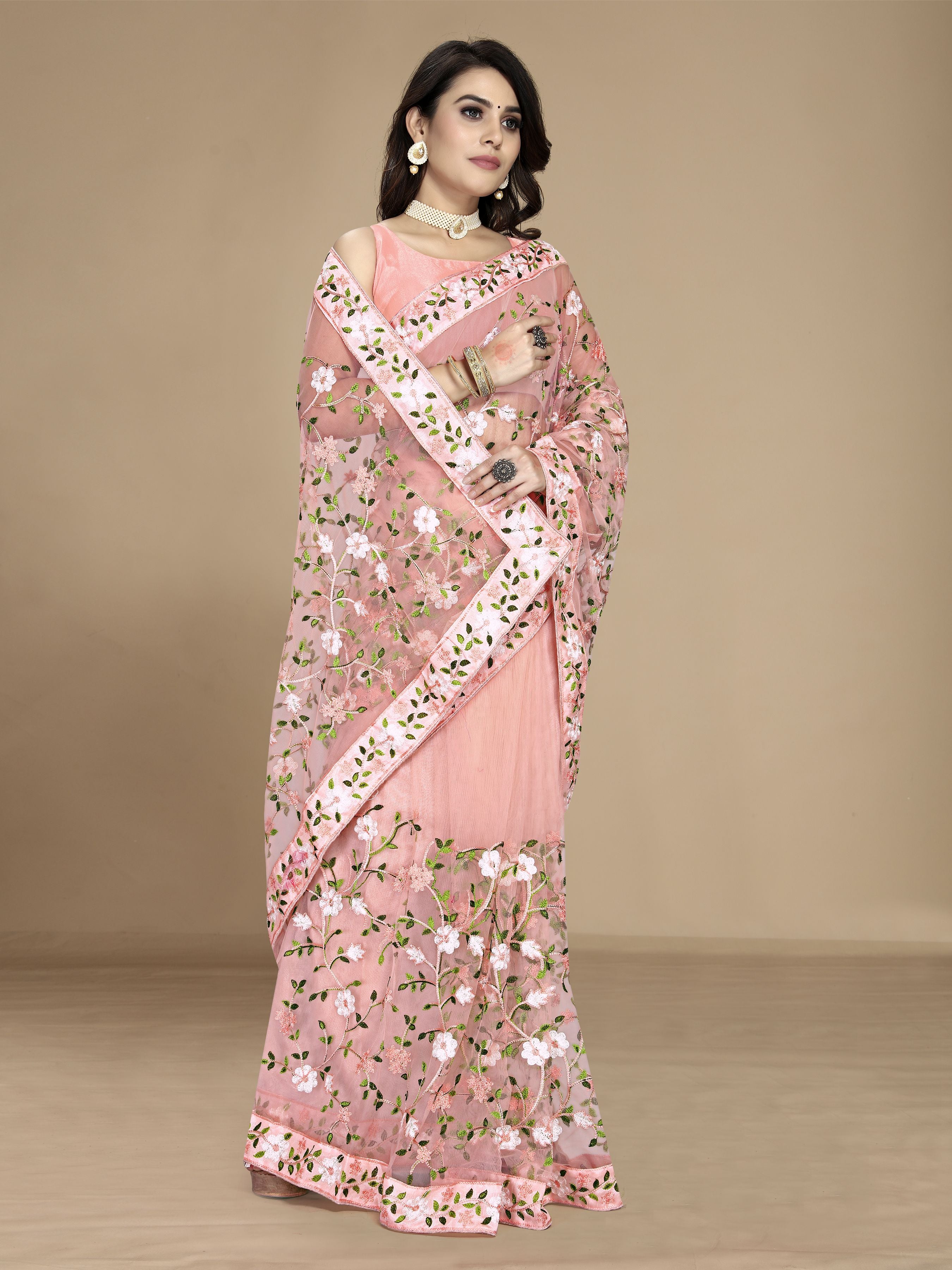 Peach Soft Net Designer Multy Thread Embroidery Work Smart Partywear Saree