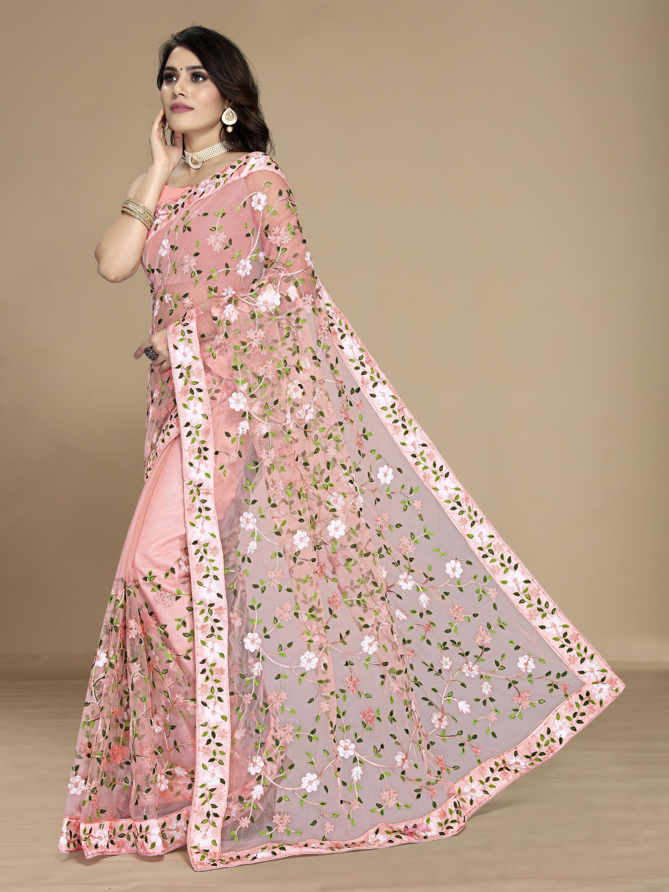 Peach Soft Net Designer Multy Thread Embroidery Work Smart Partywear Saree