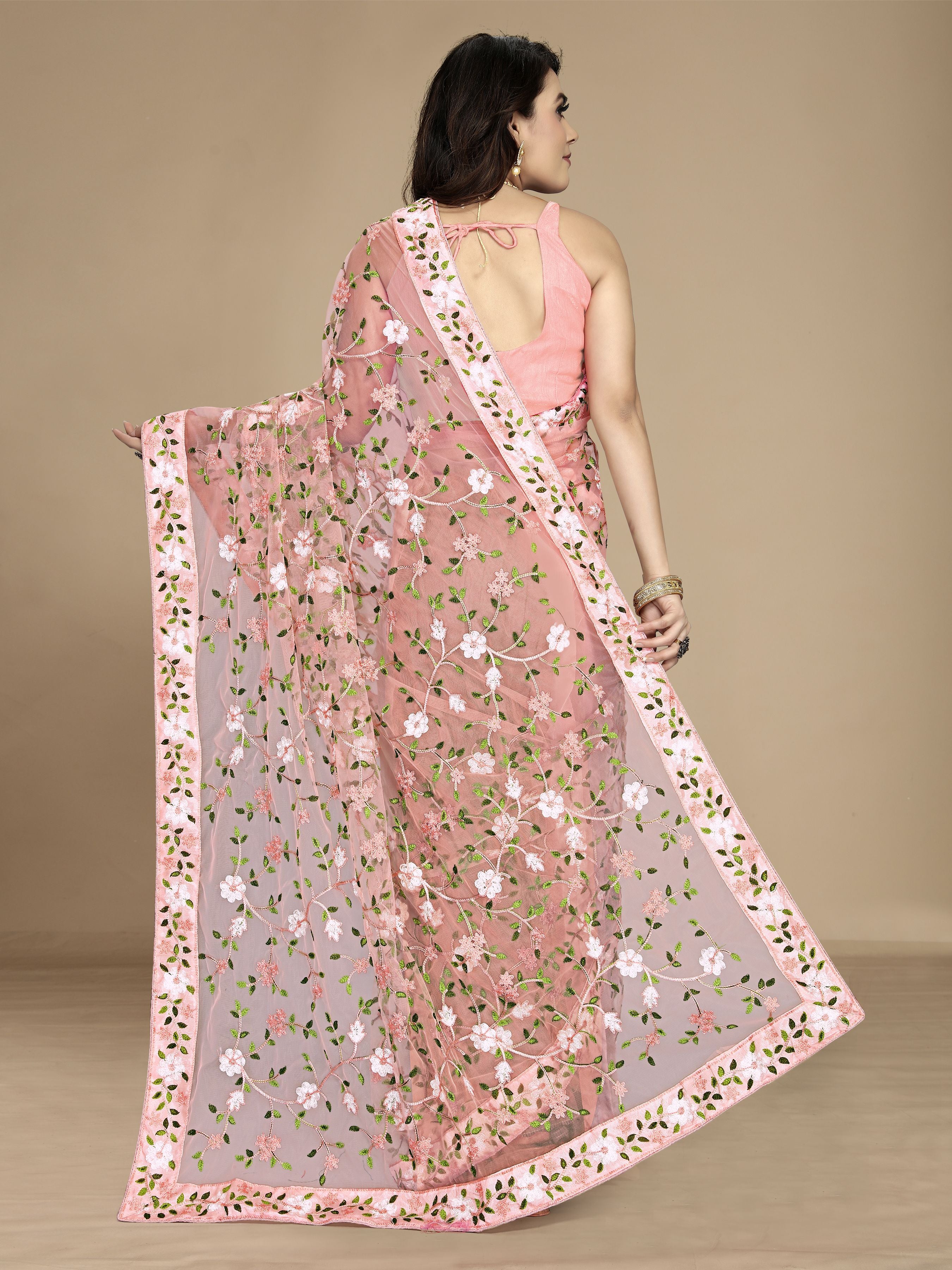 Peach Soft Net Designer Multy Thread Embroidery Work Smart Partywear Saree