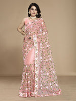 Peach Soft Net Designer Multy Thread Embroidery Work Smart Partywear Saree