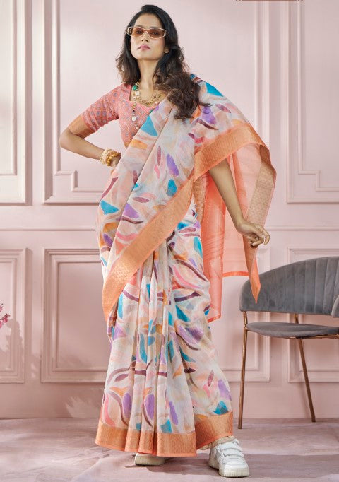 Peach Soft Silk Saree With  Printed
