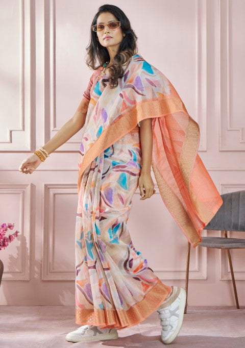 Peach Soft Silk Saree With  Printed