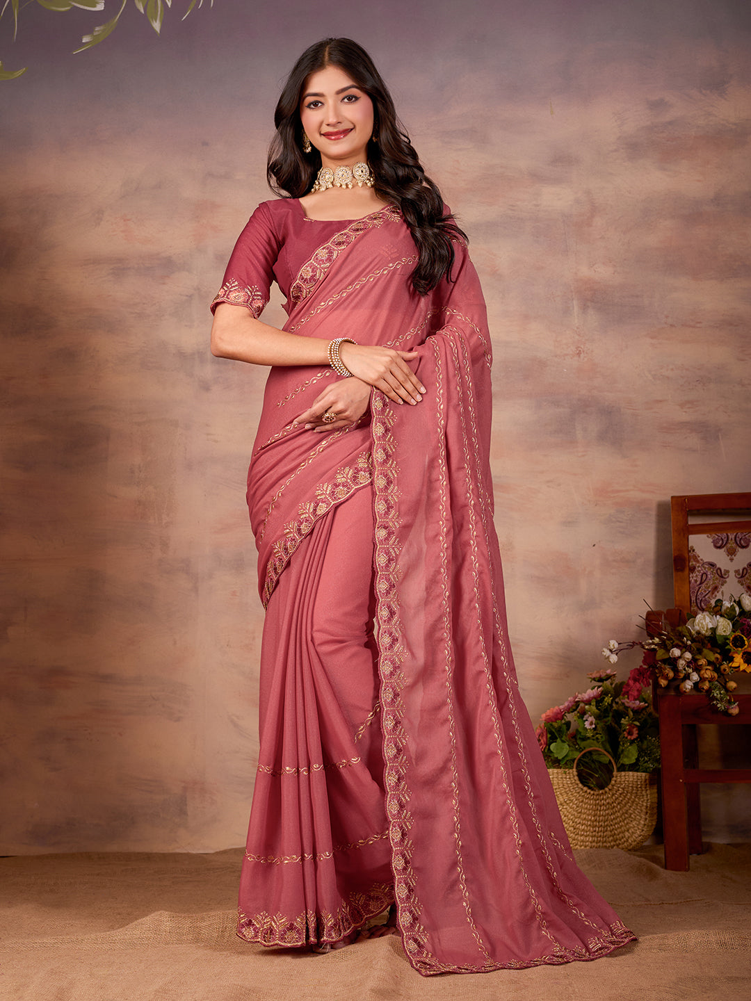 Peach Star Georgette Fancy Saree With Heavy Sequins Work