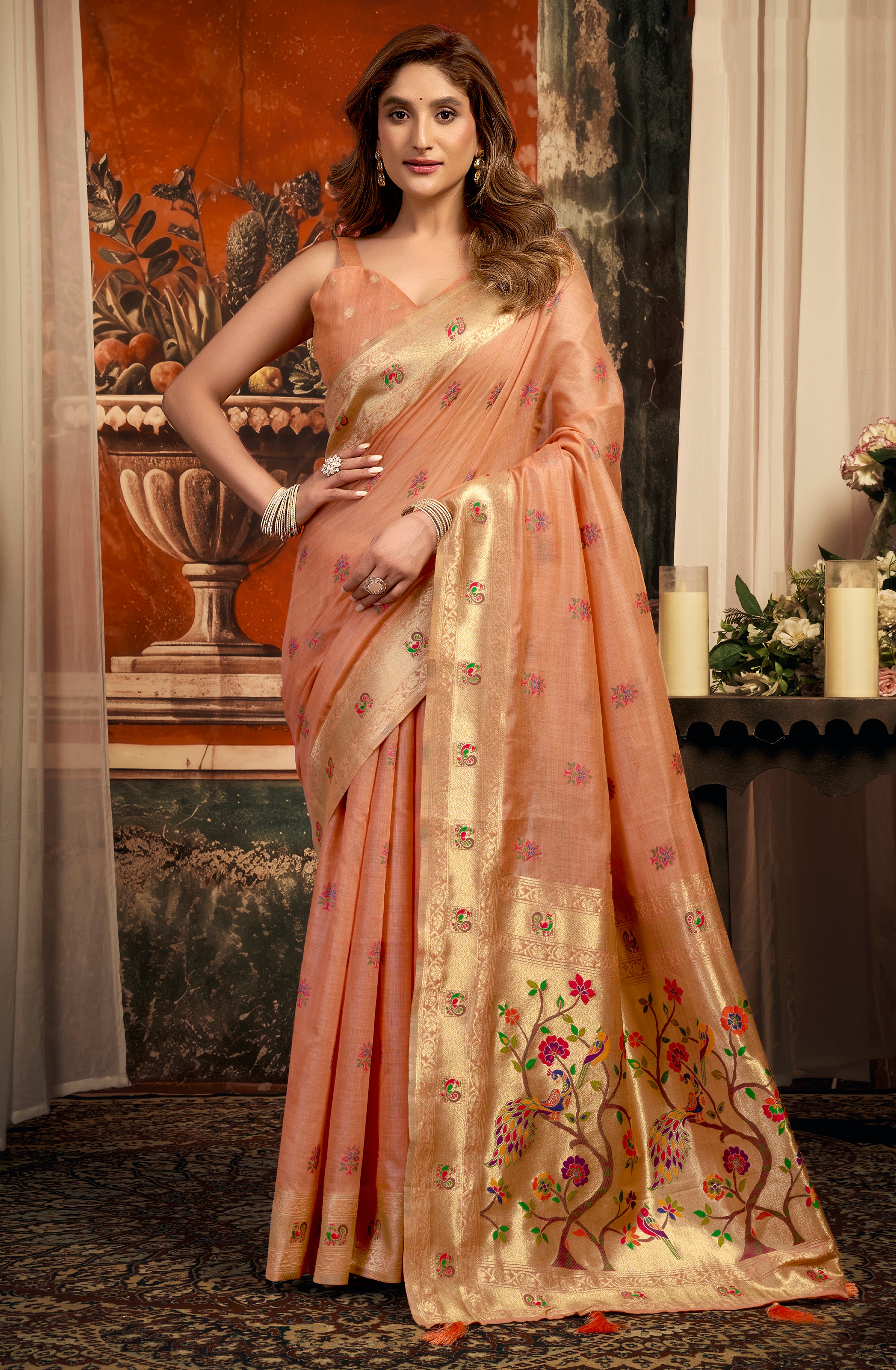 Peach Super Kota Saree with Designer Paithani Woven Elegance