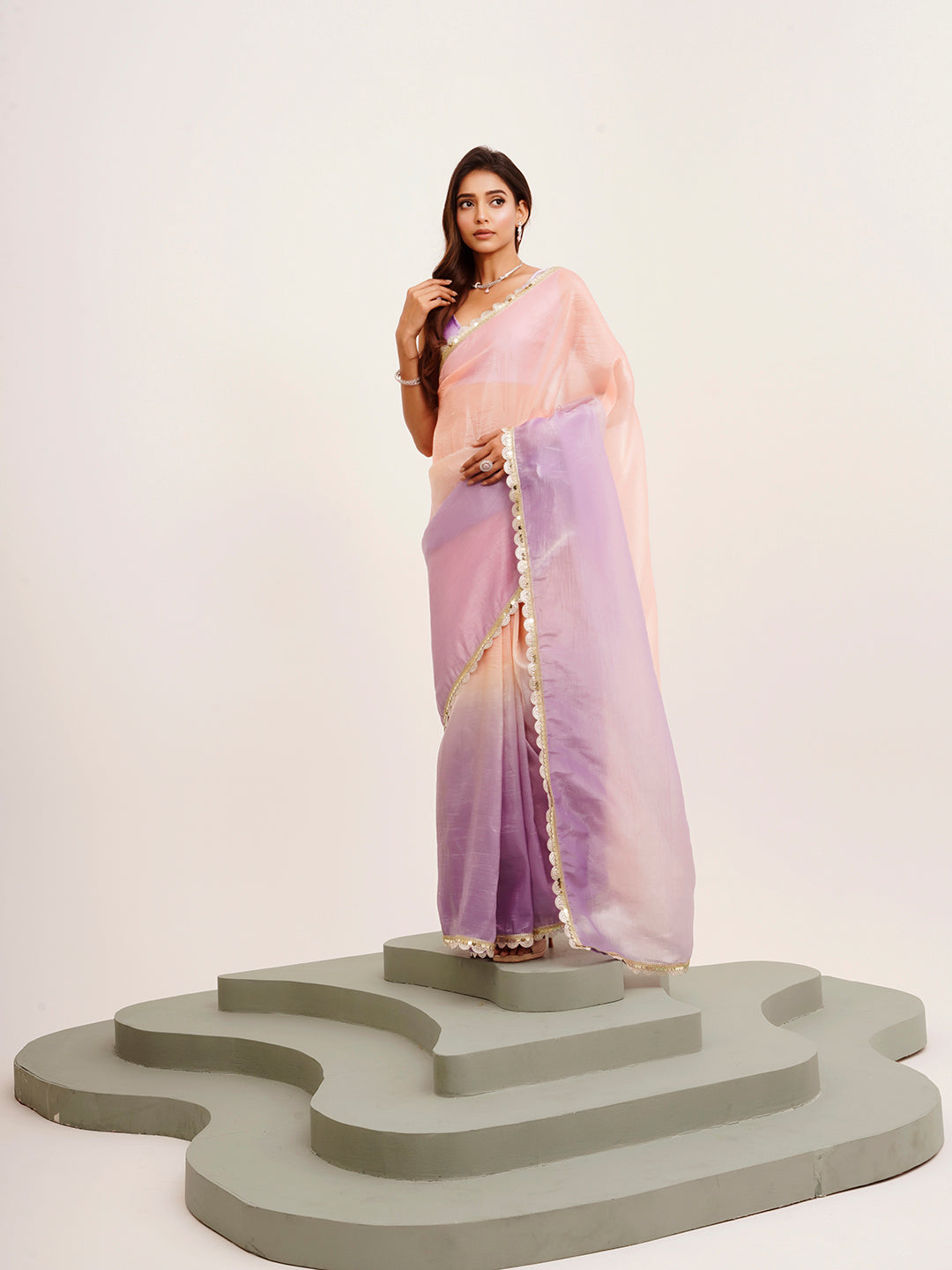 Peach Tissue Embellished Sequinned Work Fancy Saree