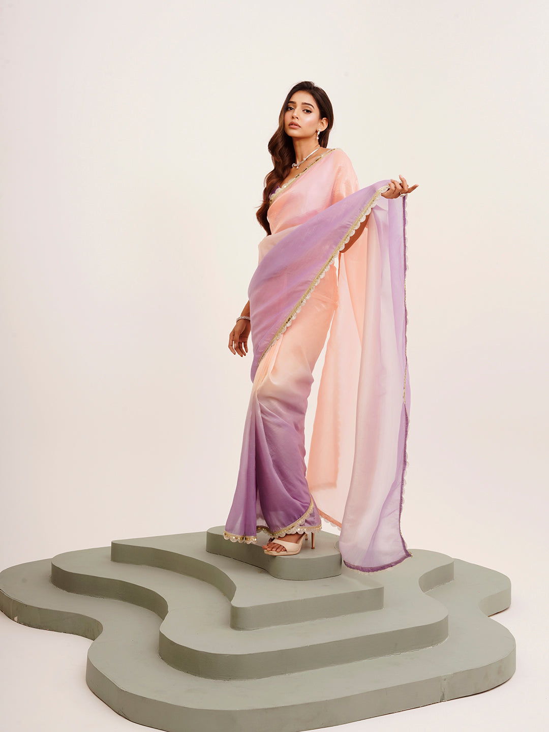 Peach Tissue Embellished Sequinned Work Fancy Saree