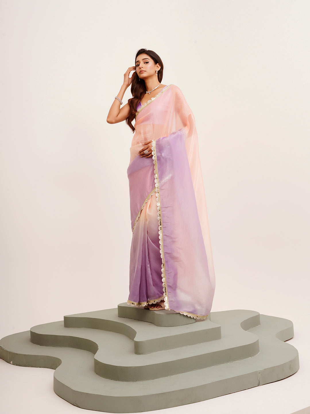 Peach Tissue Embellished Sequinned Work Fancy Saree