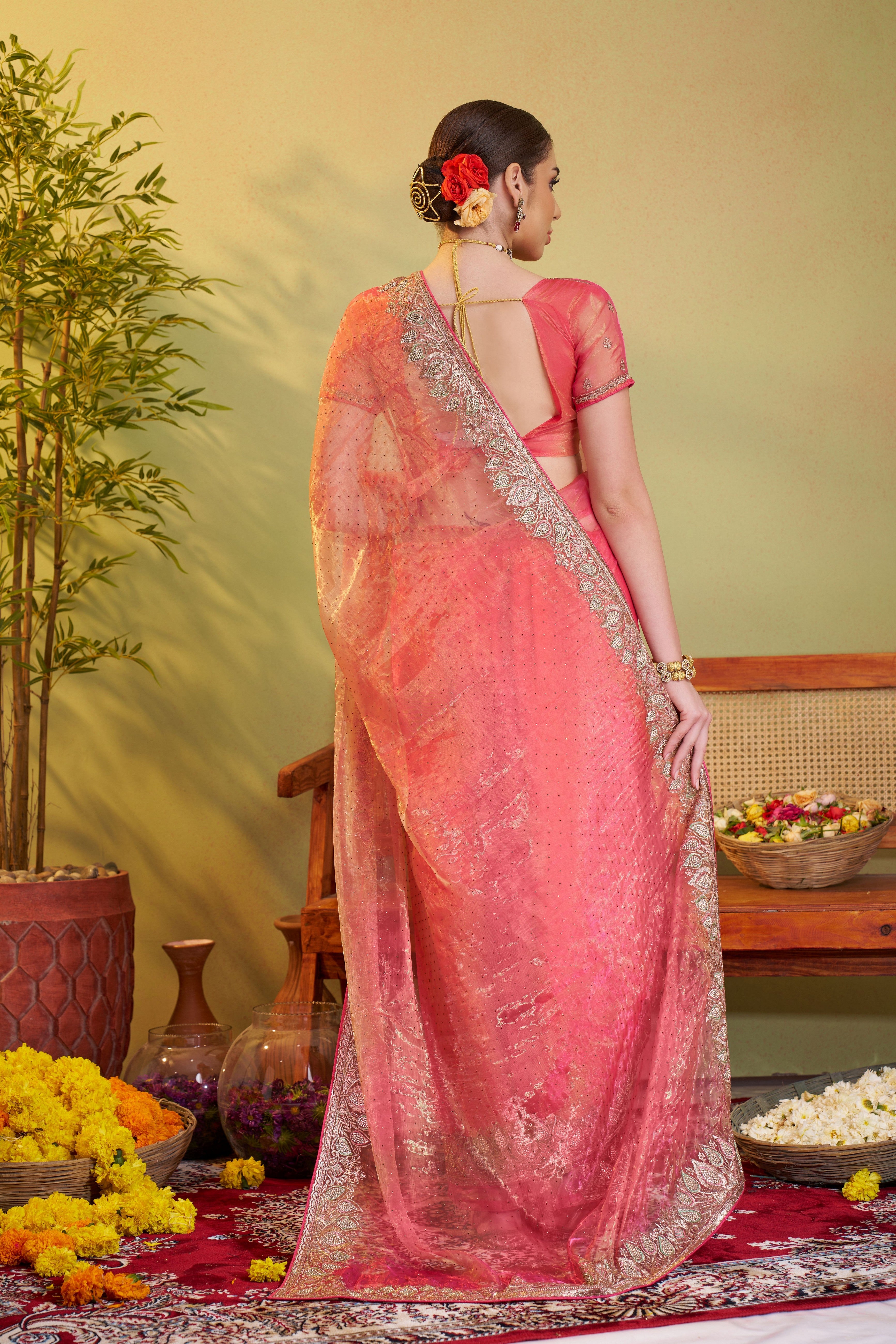 Peach Tissue Organza Designer Partywear Saree For Rich Indian Looks
