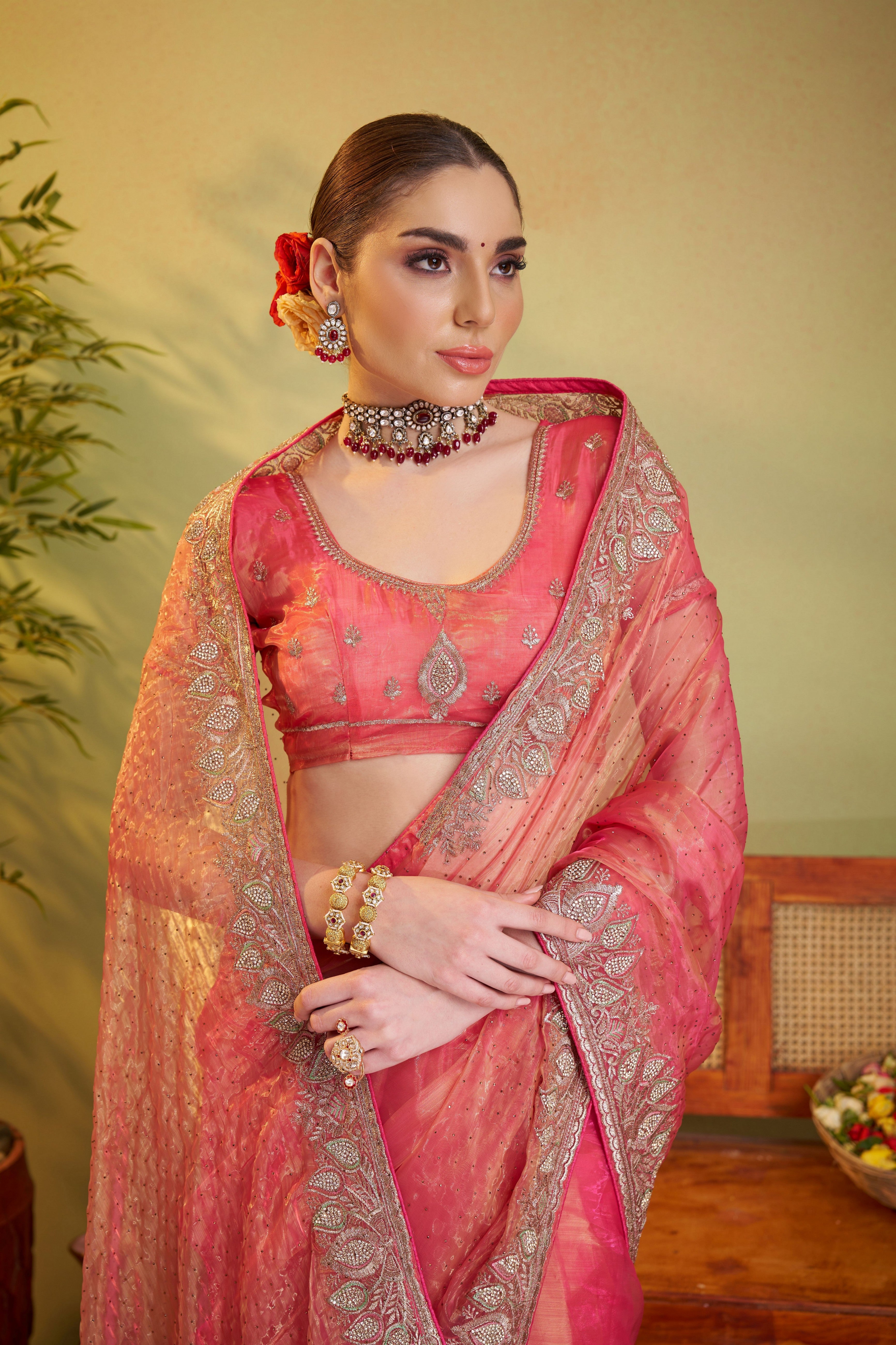 Peach Tissue Organza Designer Partywear Saree For Rich Indian Looks