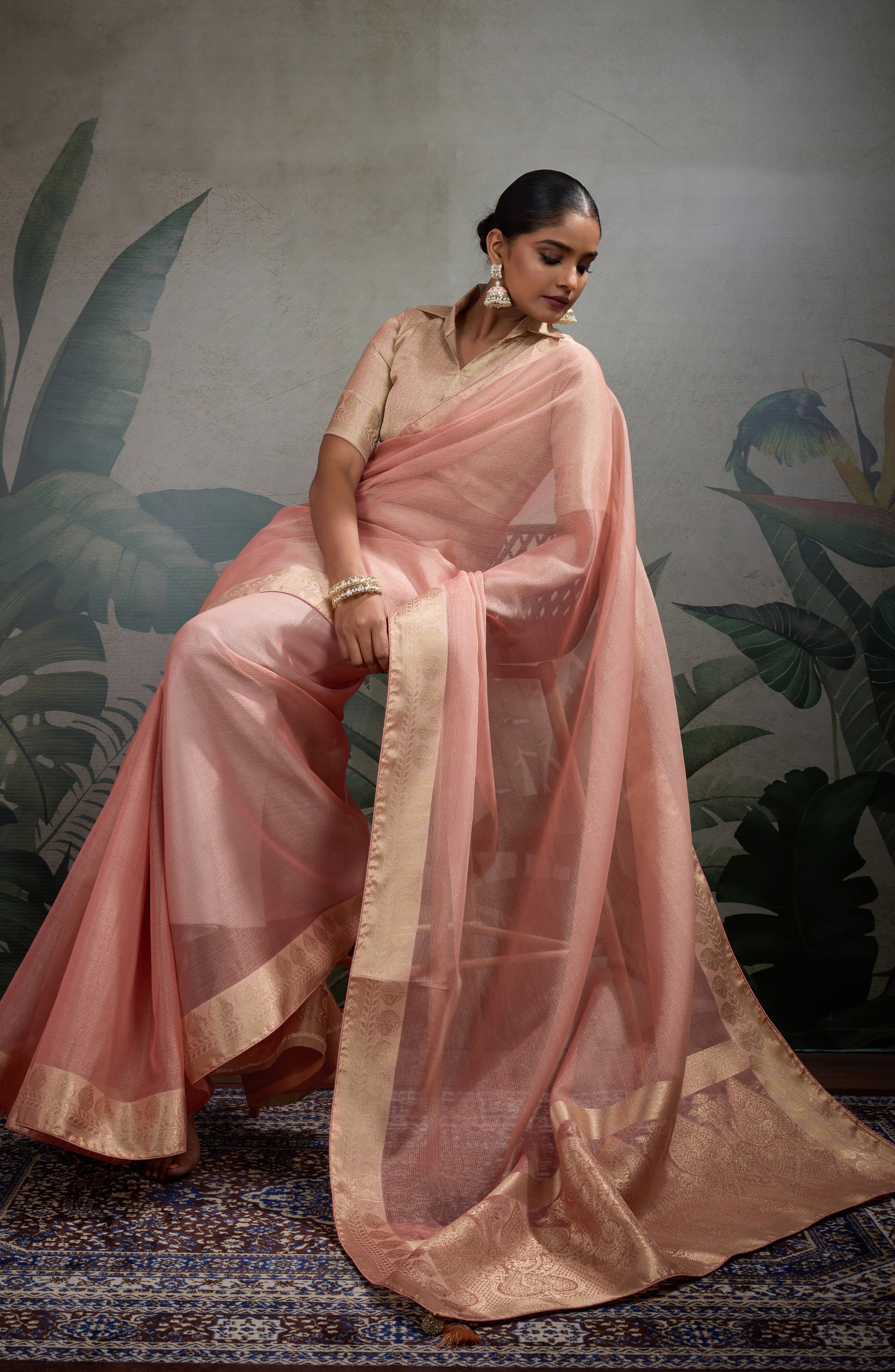 Peach Tissue Saree with Woven Patta Work