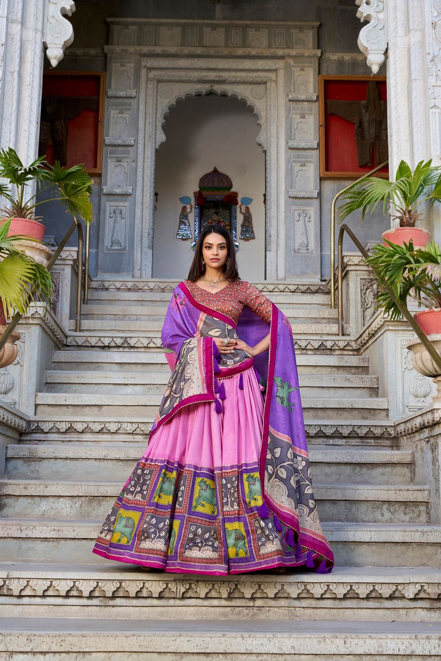 Peach Tussar Silk Lehenga with Kalamkari Print and Elegant Foil Work Accents