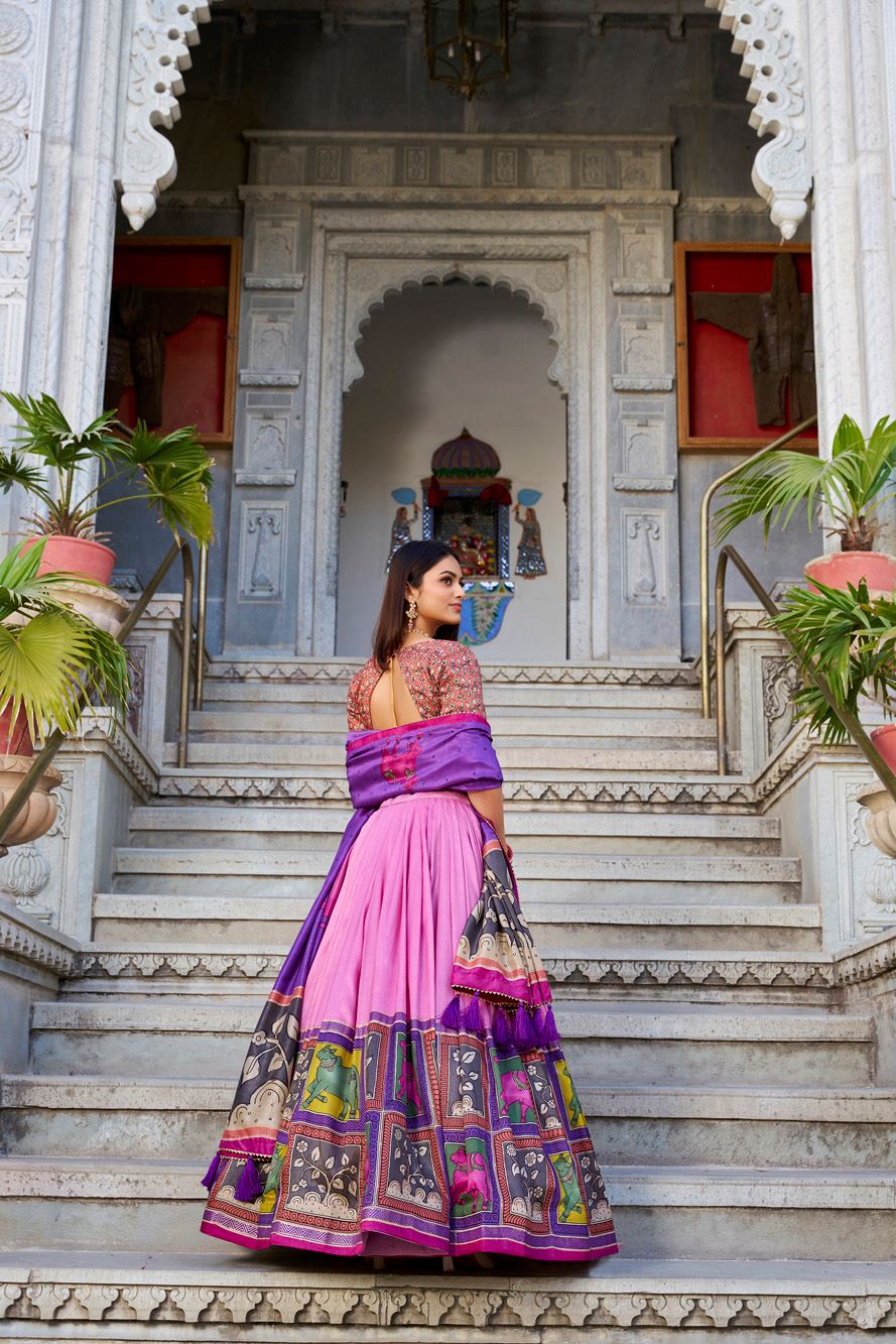 Peach Tussar Silk Lehenga with Kalamkari Print and Elegant Foil Work Accents