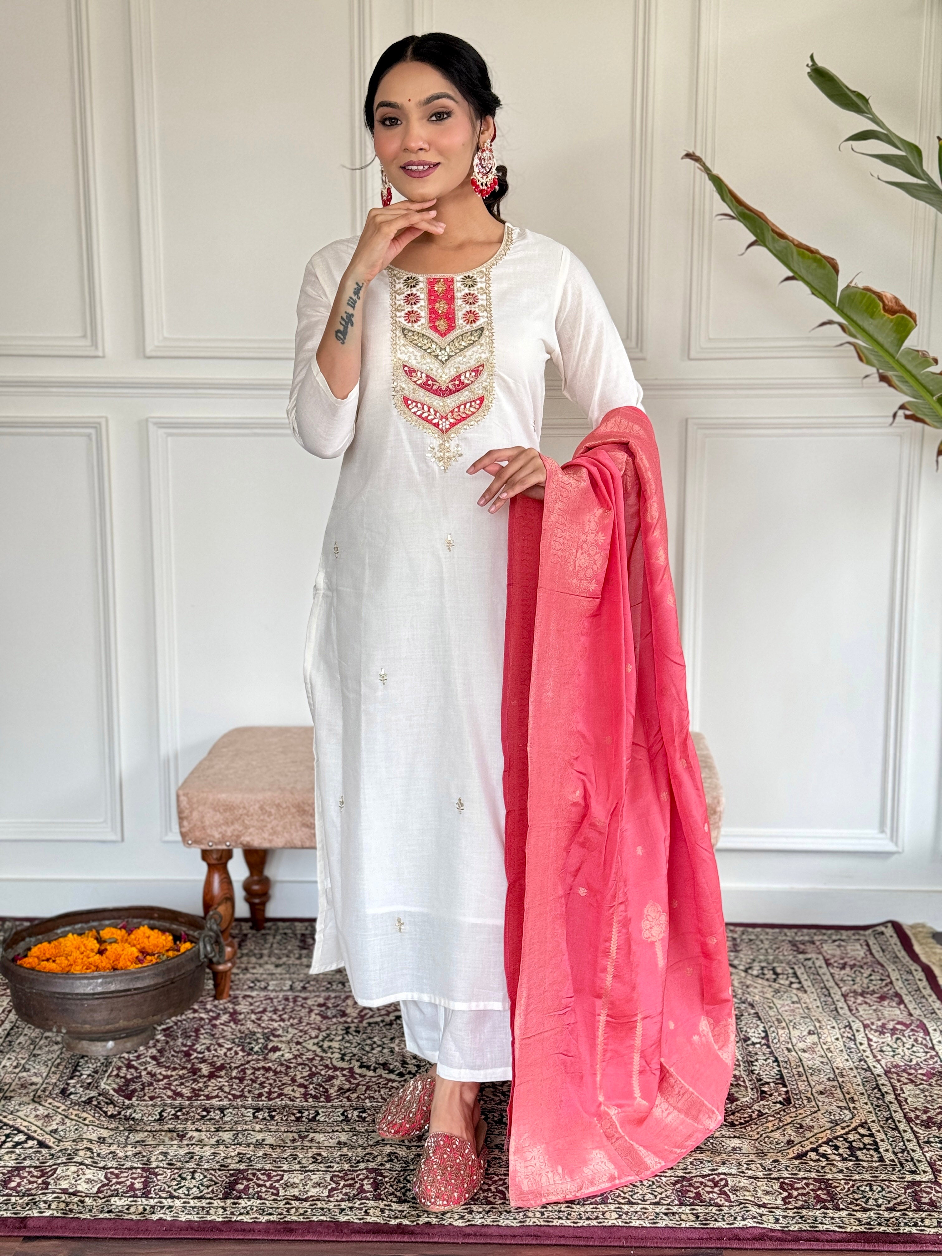 Peach Viscose Blend Elegant Kurta Pant Set With Embroidery Work