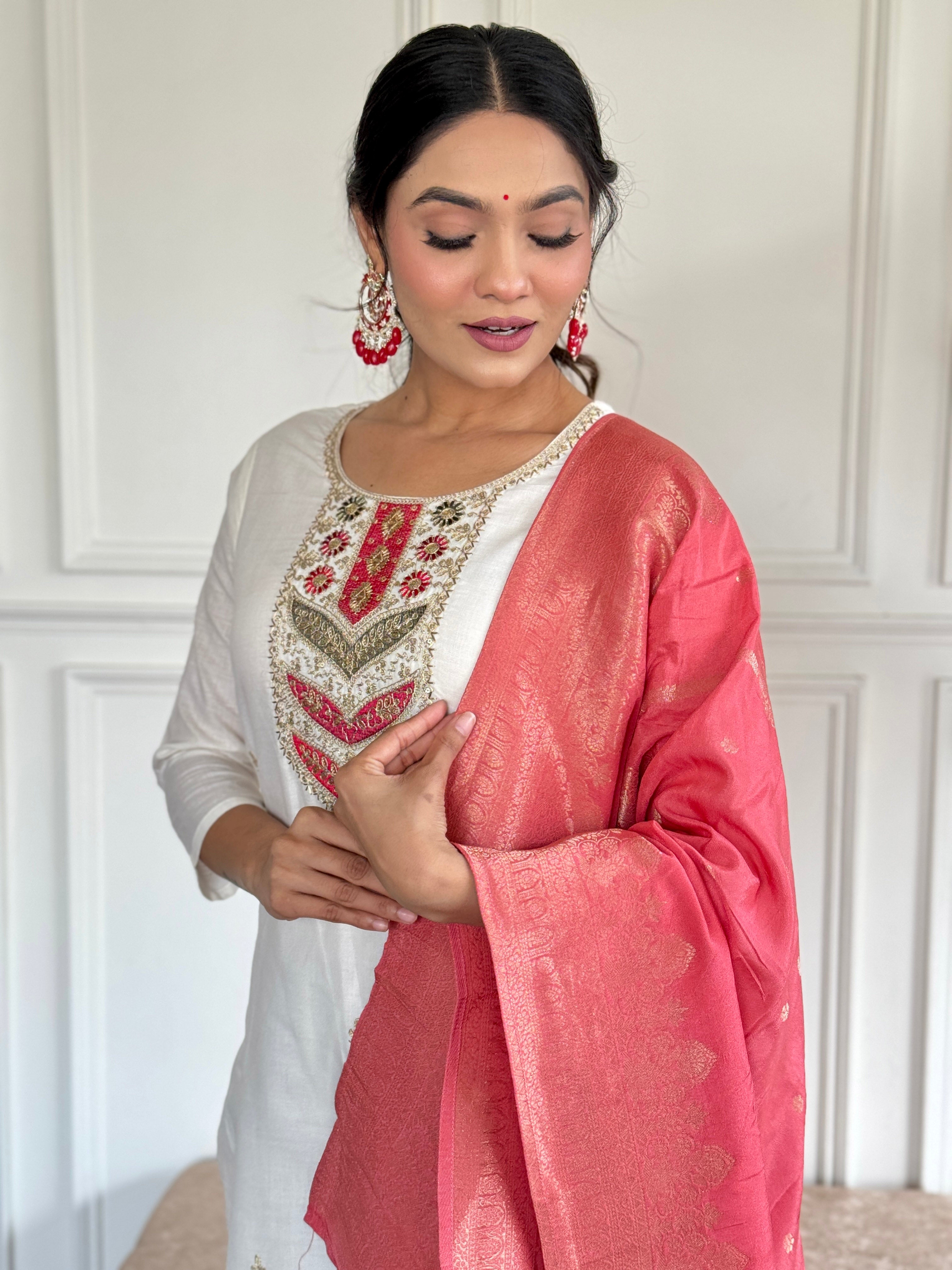 Peach Viscose Blend Elegant Kurta Pant Set With Embroidery Work