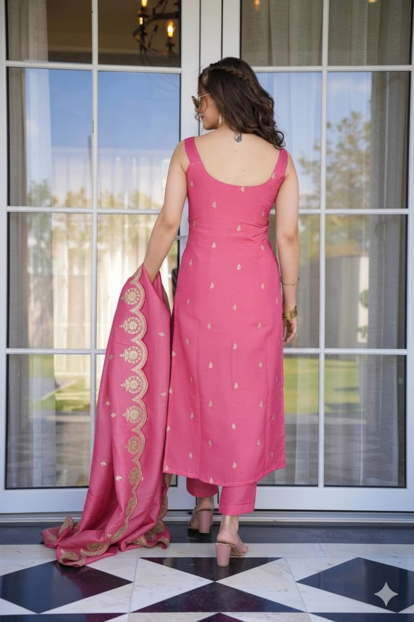 Peach Viscose Zari Chanderi Kurta Pant Set With Heavy Thread Embroidered Work