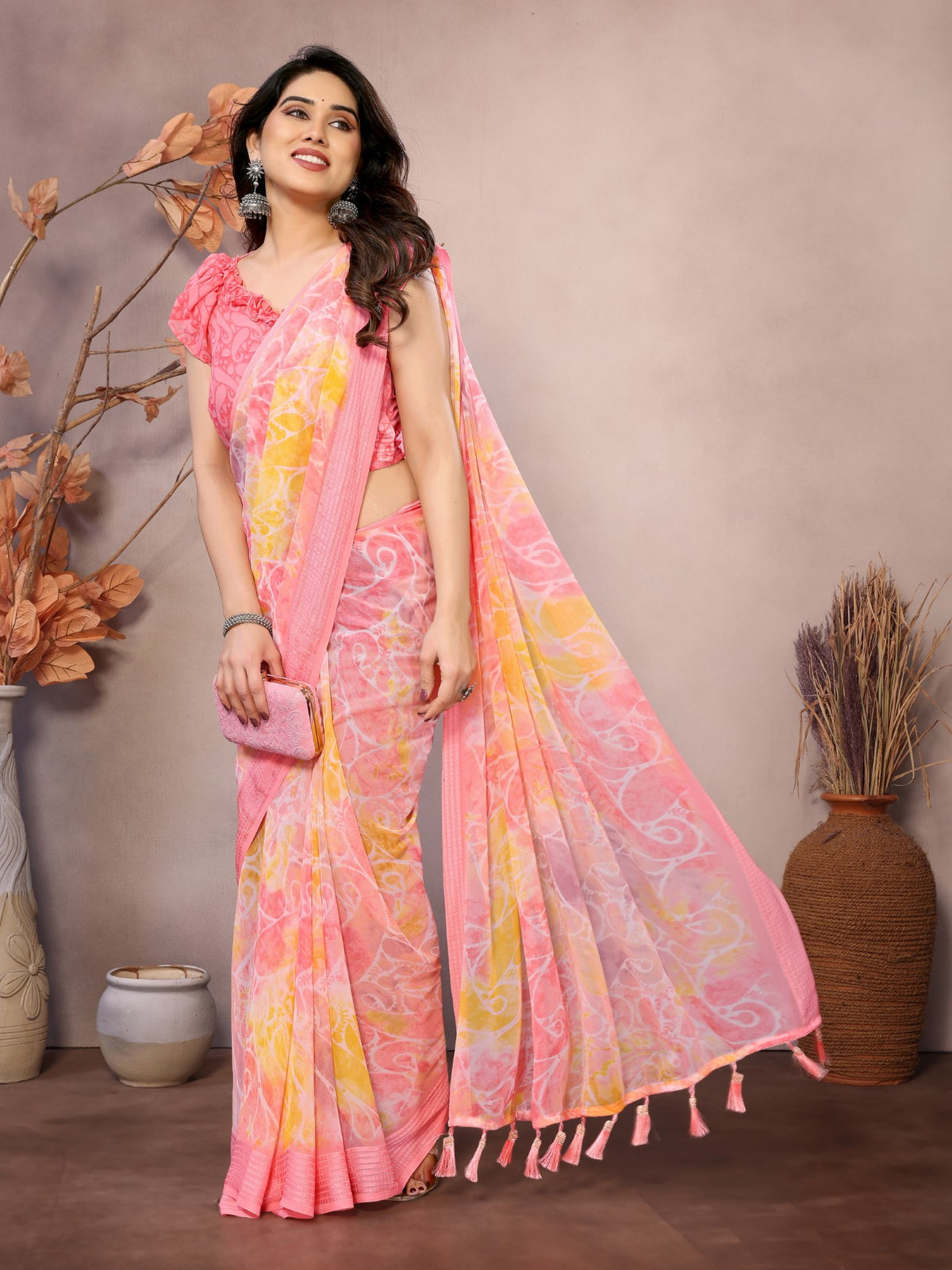 Peach Weightless Patta Saree With Printed