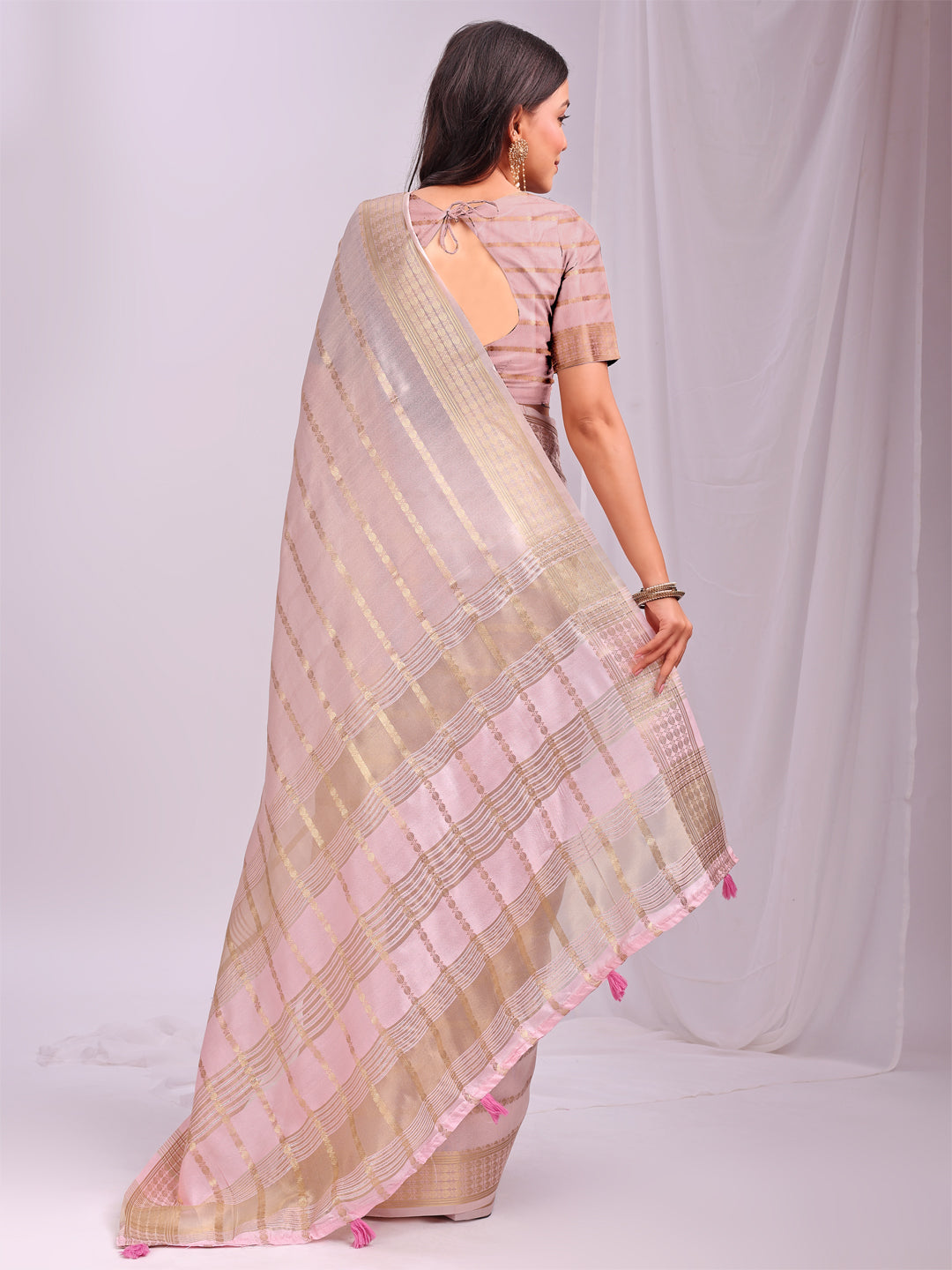 Peach Woven Zari Designer Ethnic Organza Saree