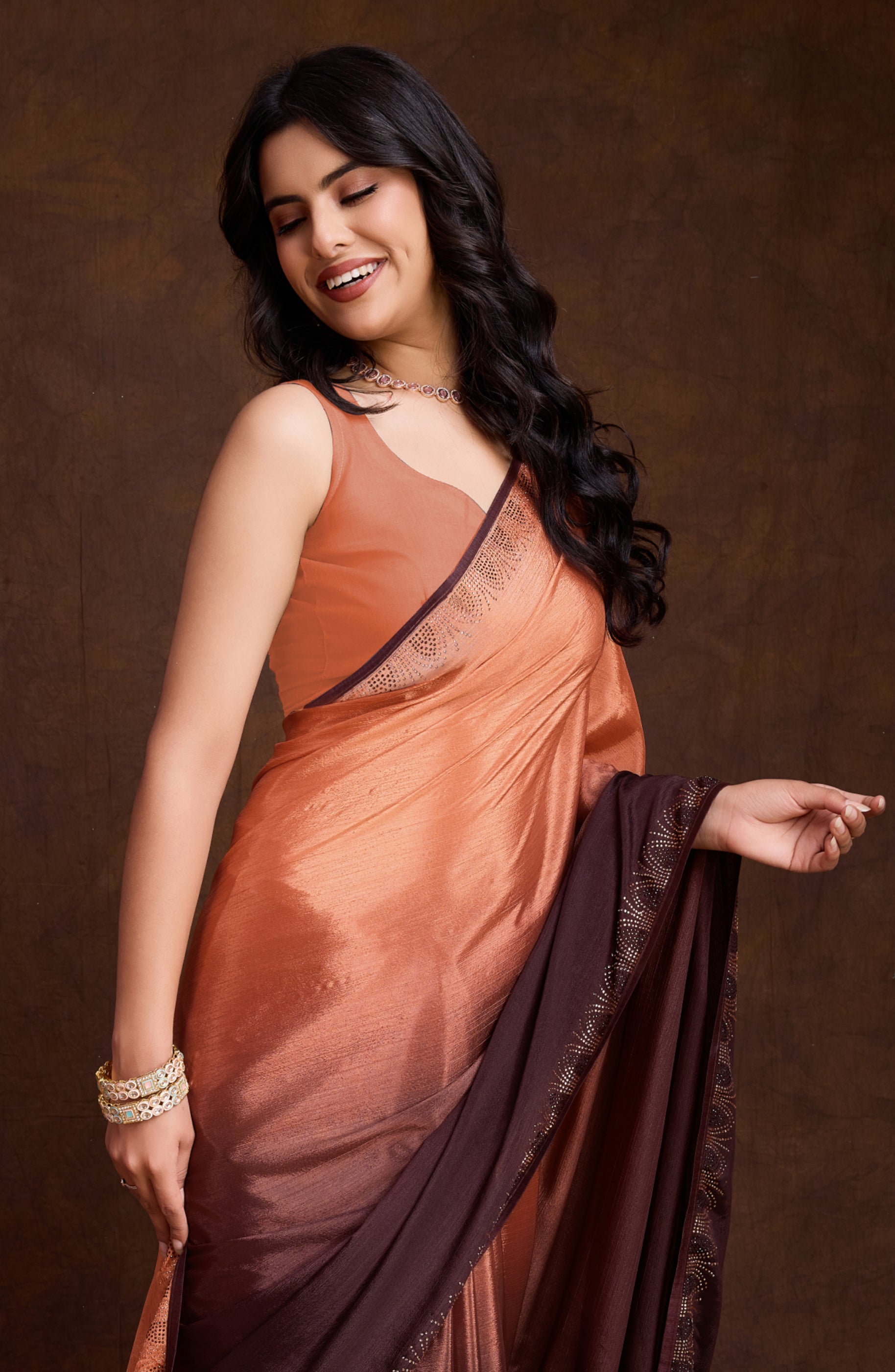 Peach & Brown Shaded Chinon Saree with Swarovski Border Design