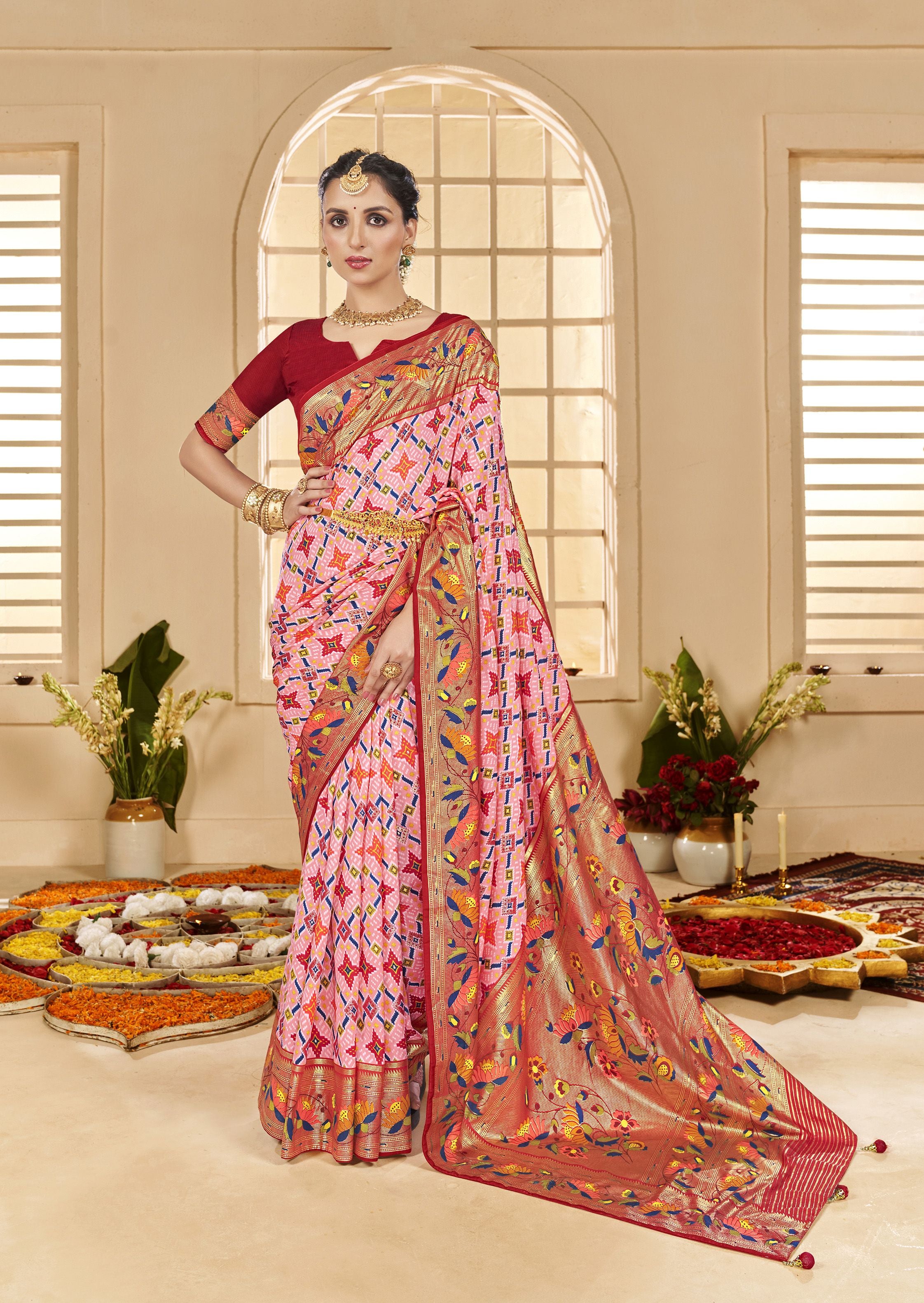Peachy Pink Ethnic Woven Border Designer With Ikkat Printed Cotton Silk Saree