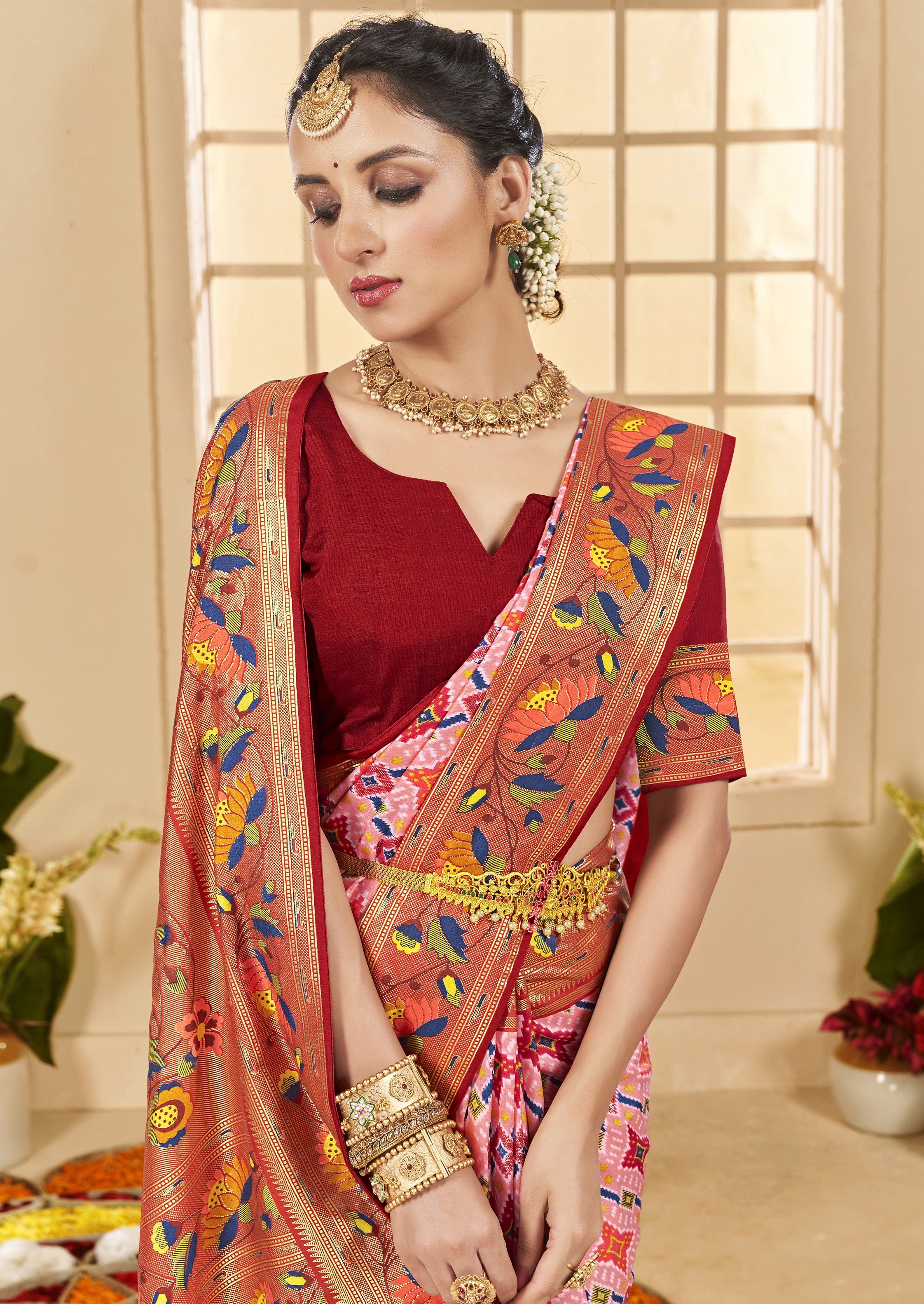Peachy Pink Ethnic Woven Border Designer With Ikkat Printed Cotton Silk Saree