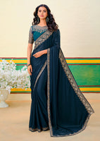 Peacock Blue Beautiful Embroidered Heavy Partywear Saree