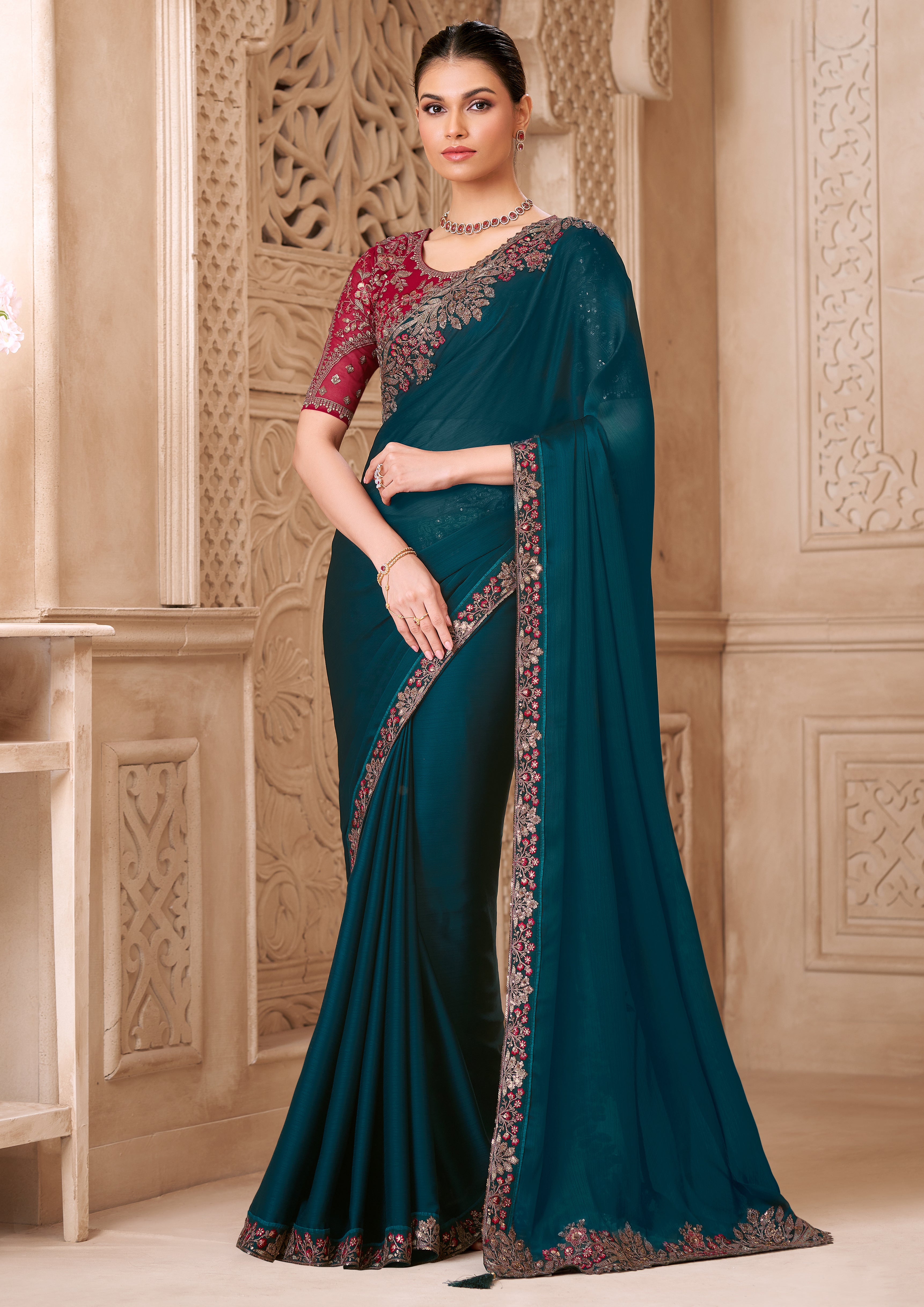 Peacock Blue Saree With  Heavy Thread Embroidery Sequins Border Work With Embroidery Blouse