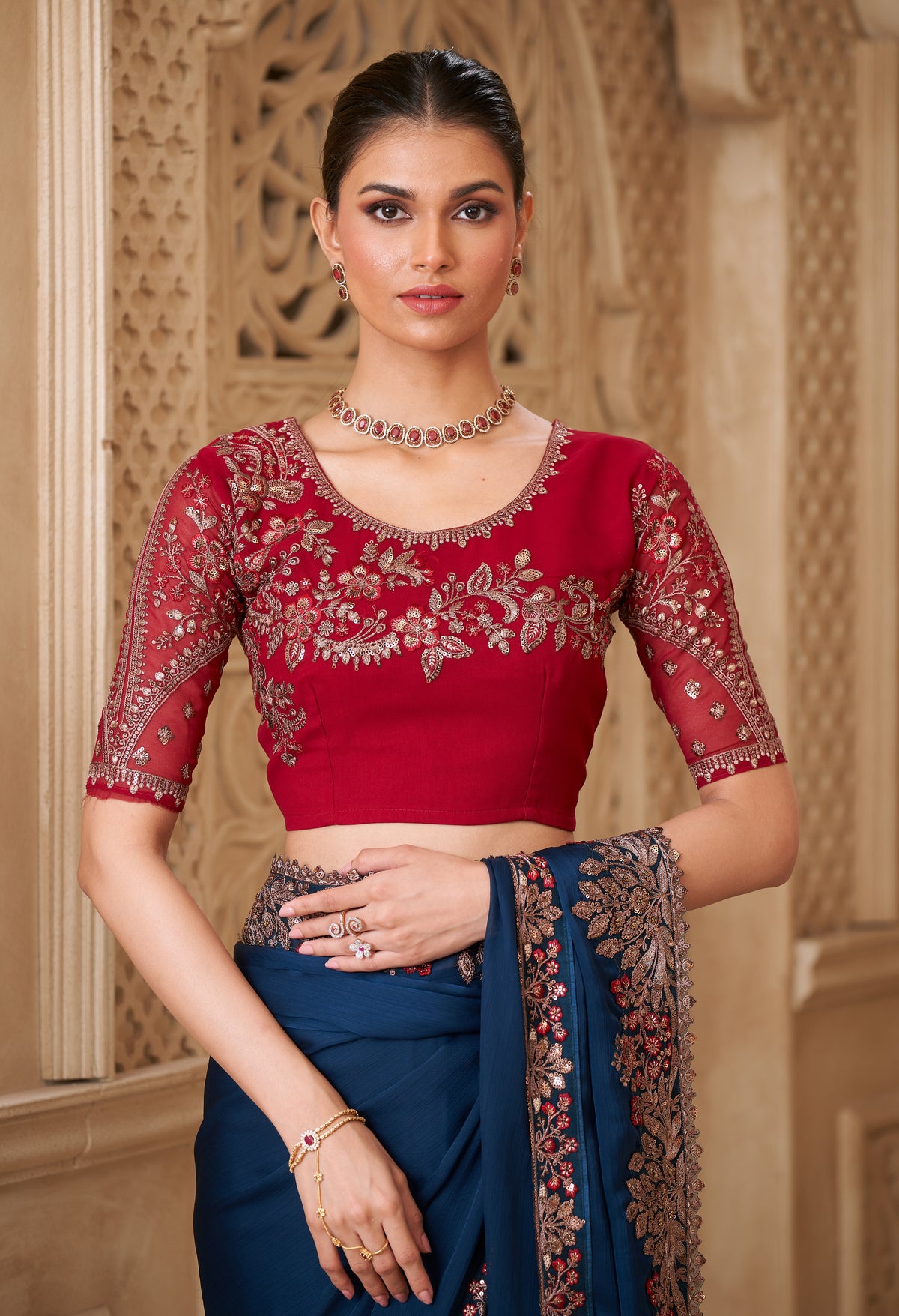 Peacock Blue Saree With  Heavy Thread Embroidery Sequins Border Work With Embroidery Blouse