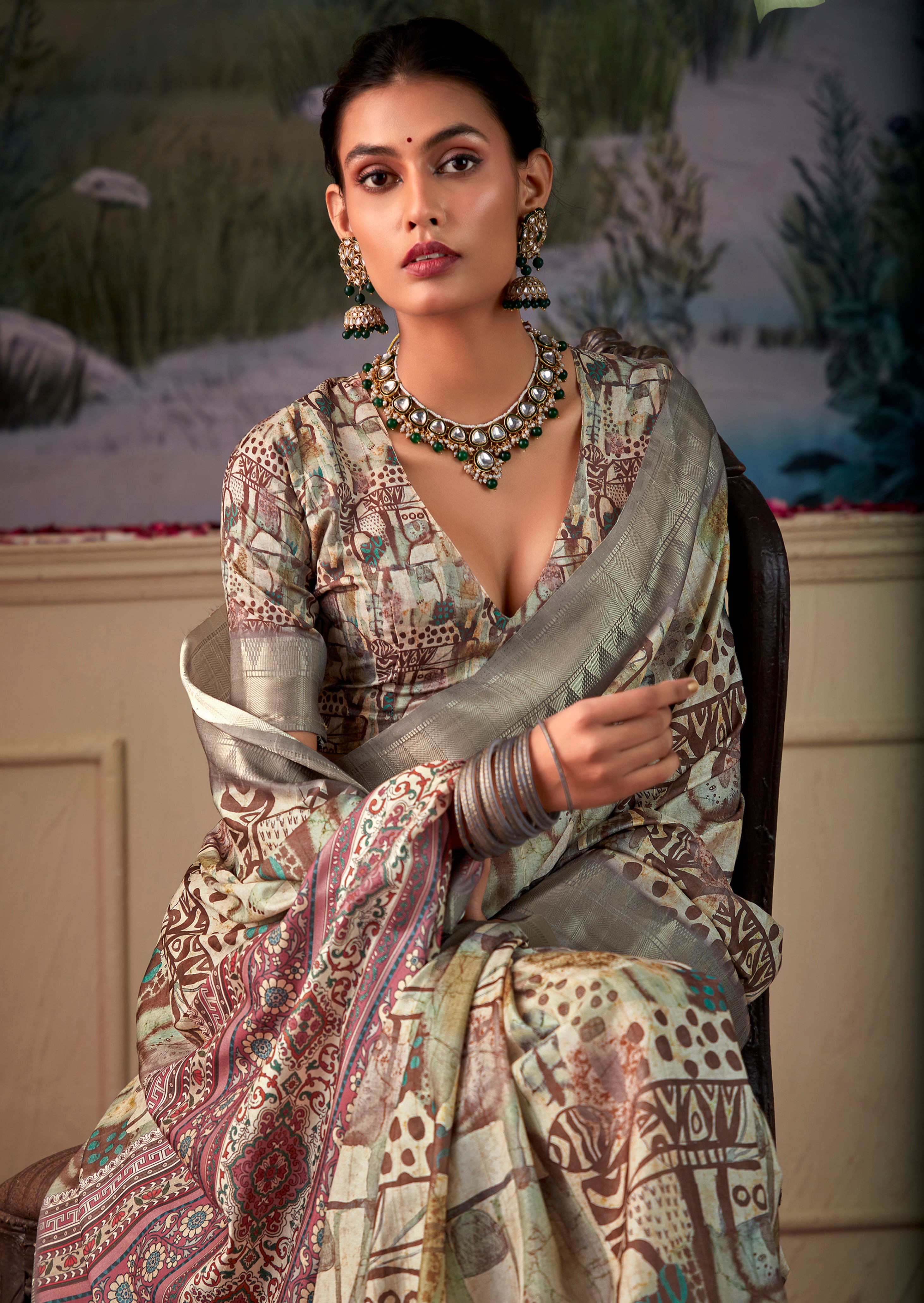 Pear Tusser Silk Saree With  Jacquard Woven with Digital Print