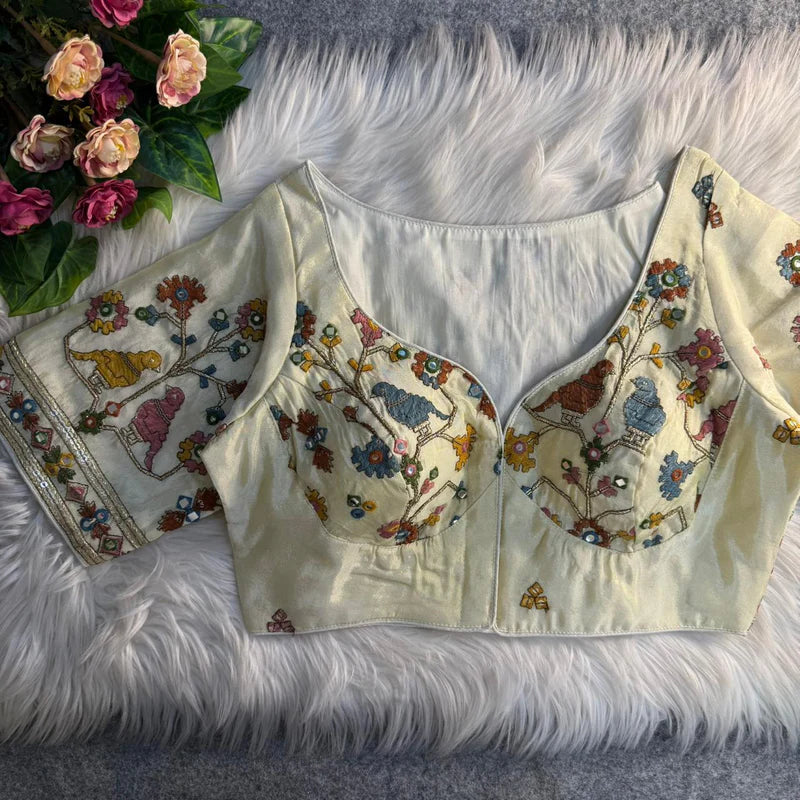 Pearl White Bird Motif Mirror Work Blouse  Cosmos Silk Designer Partywear