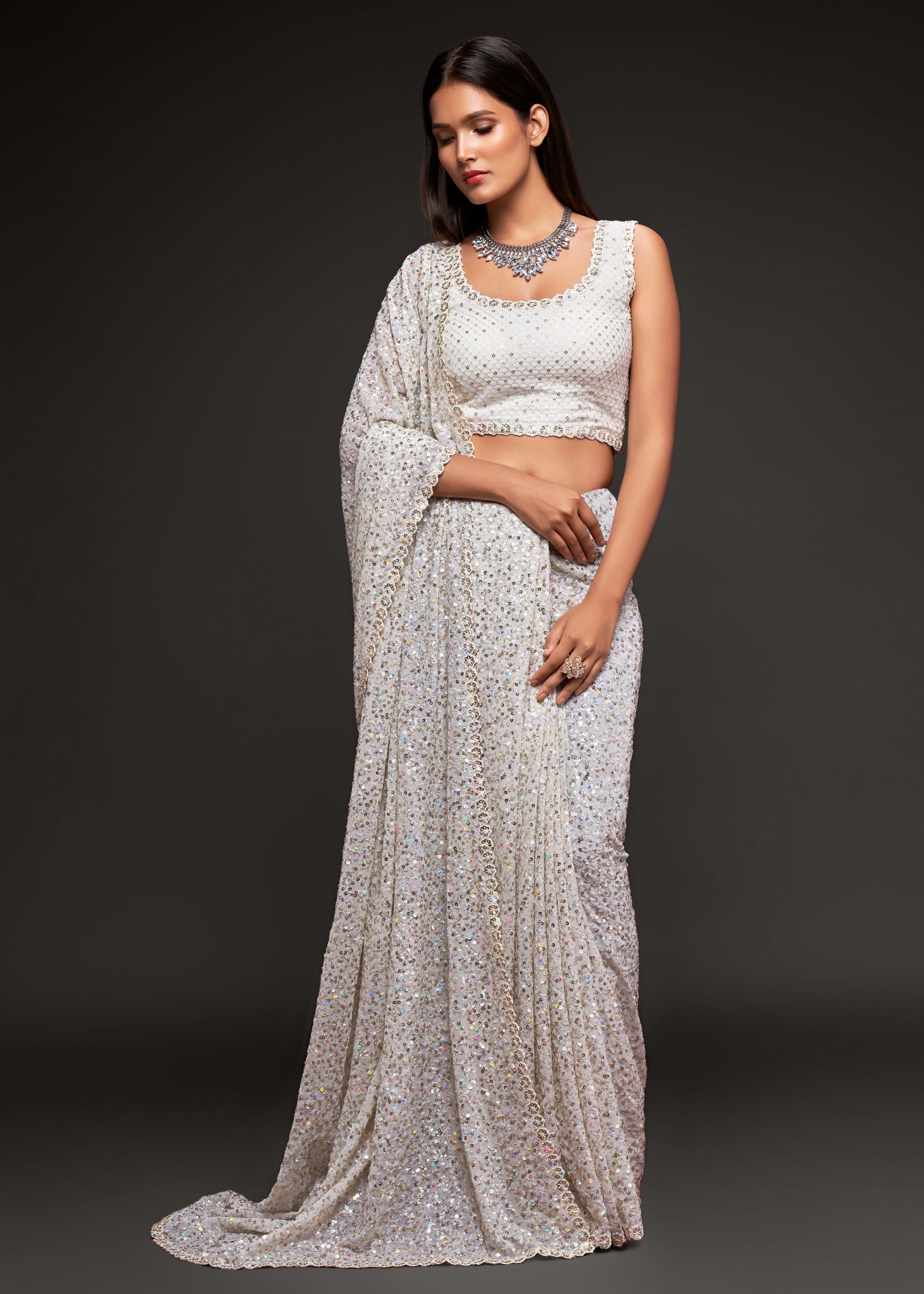 Pearl White Georgette Saree with Thread Embroidery and Sequins Work