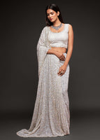 Pearl White Georgette Saree with Thread Embroidery and Sequins Work