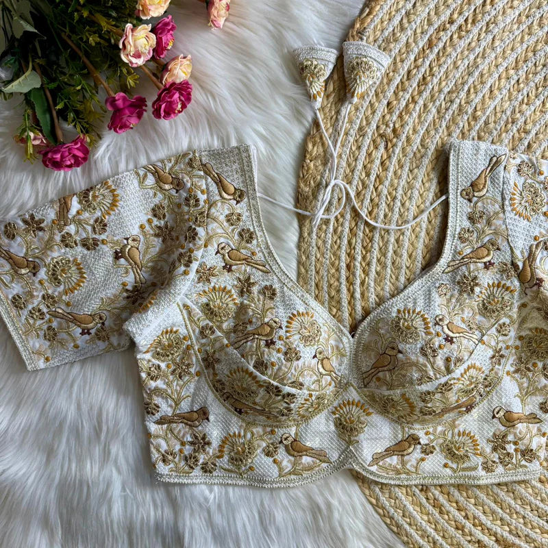 Pearl White Luxury Bird Motif Bridal Blouse  Roman Silk Designer Wedding Wear