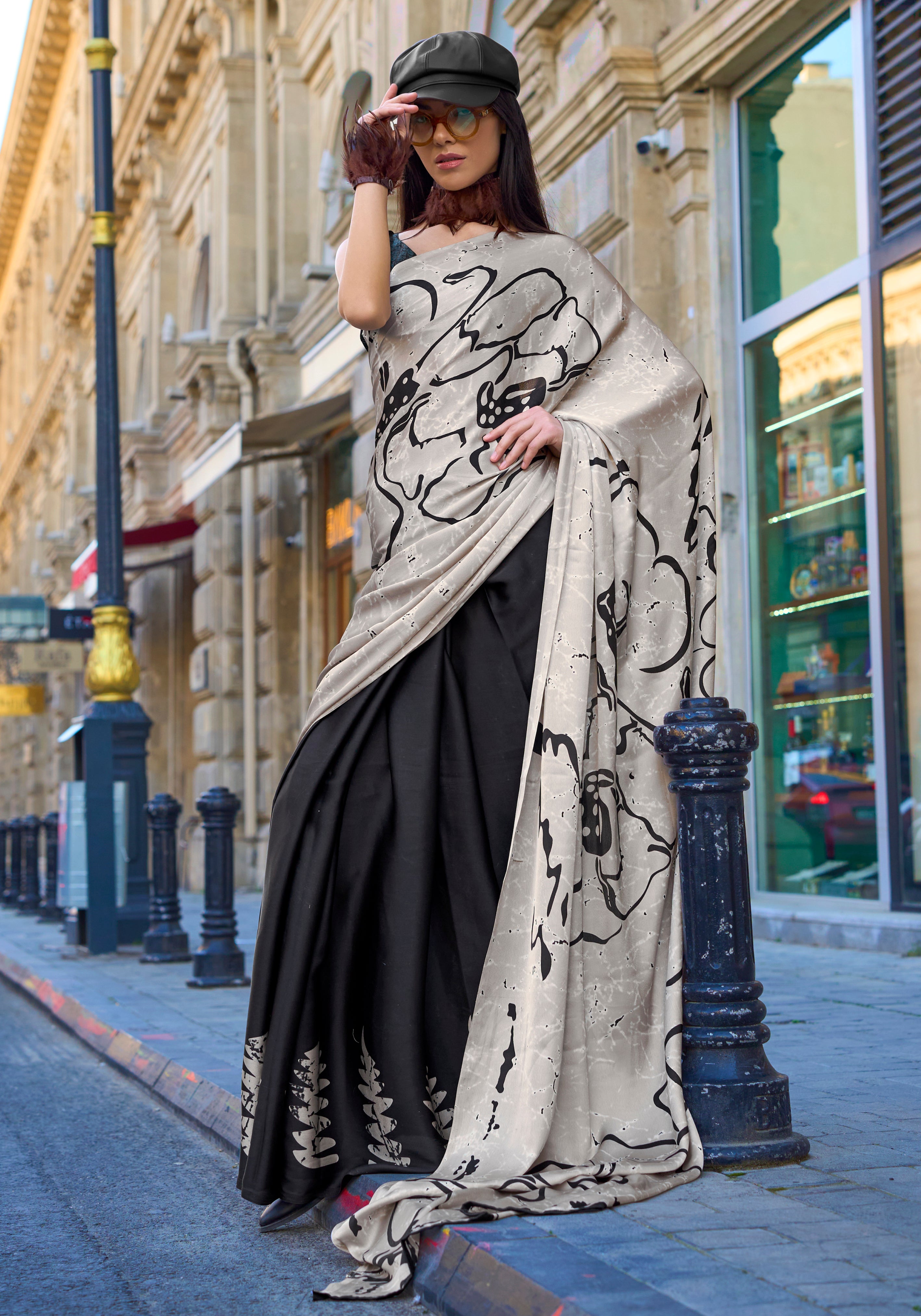 Pearl White & Black Satin Crepe Saree With  Digital Print