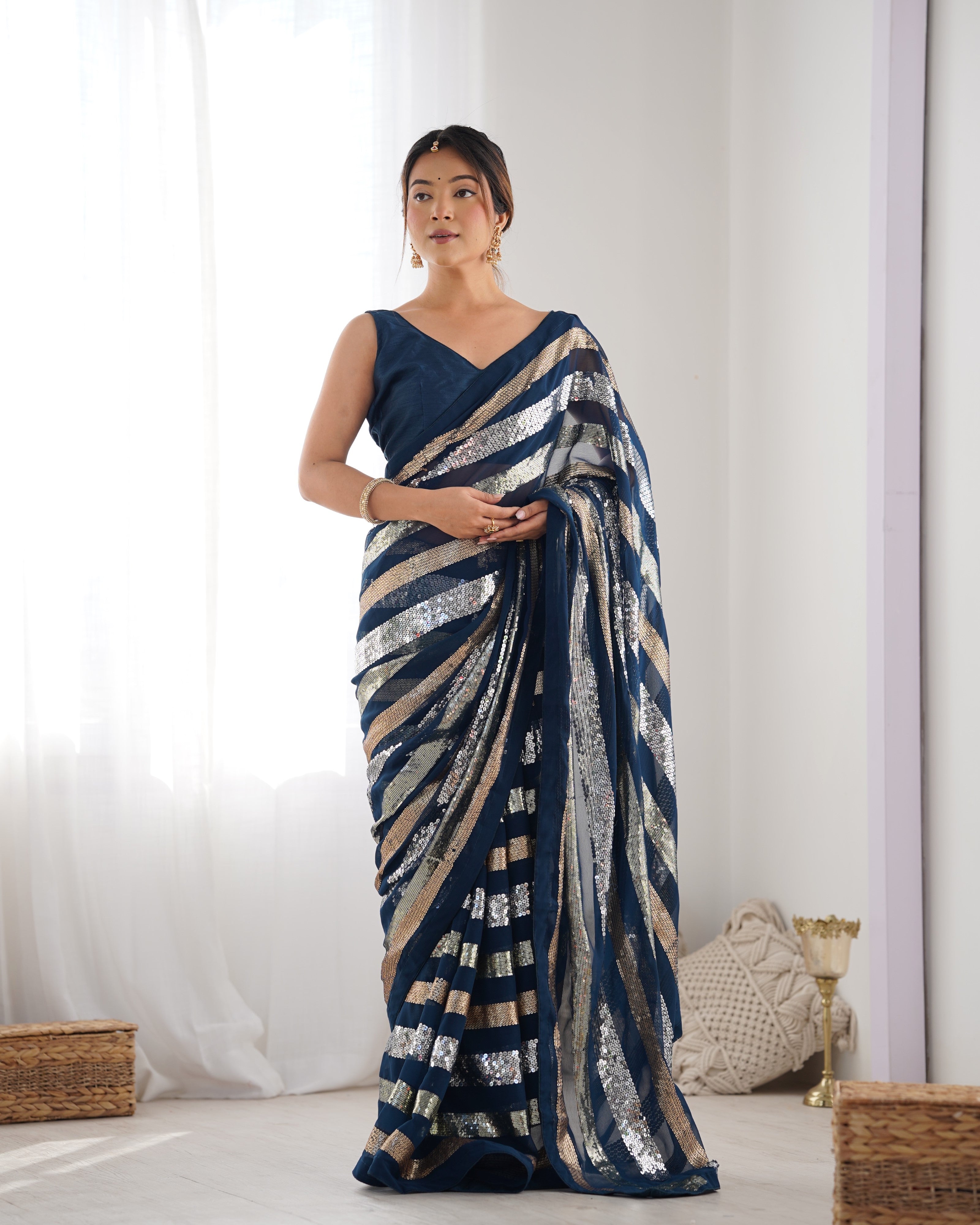 Petrol Beautiful Georgette Fabric Sequins Work Ceremonial Saree